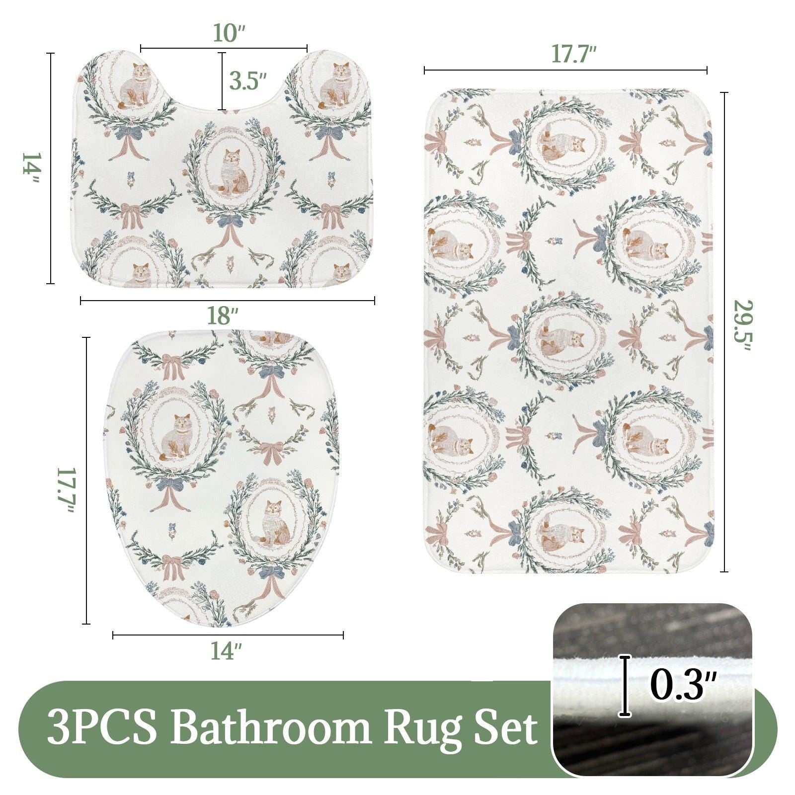 Cat Lover Bathroom Rug Set, Vintage Toile Floral Toilet Mat, Cottage Kitten Decor