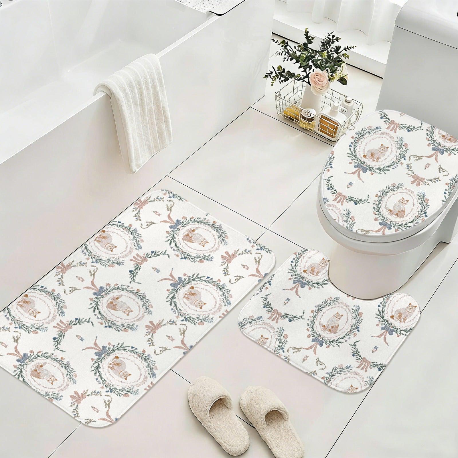 Cat Lover Bathroom Rug Set, Vintage Toile Floral Toilet Mat, Cottage Kitten Decor