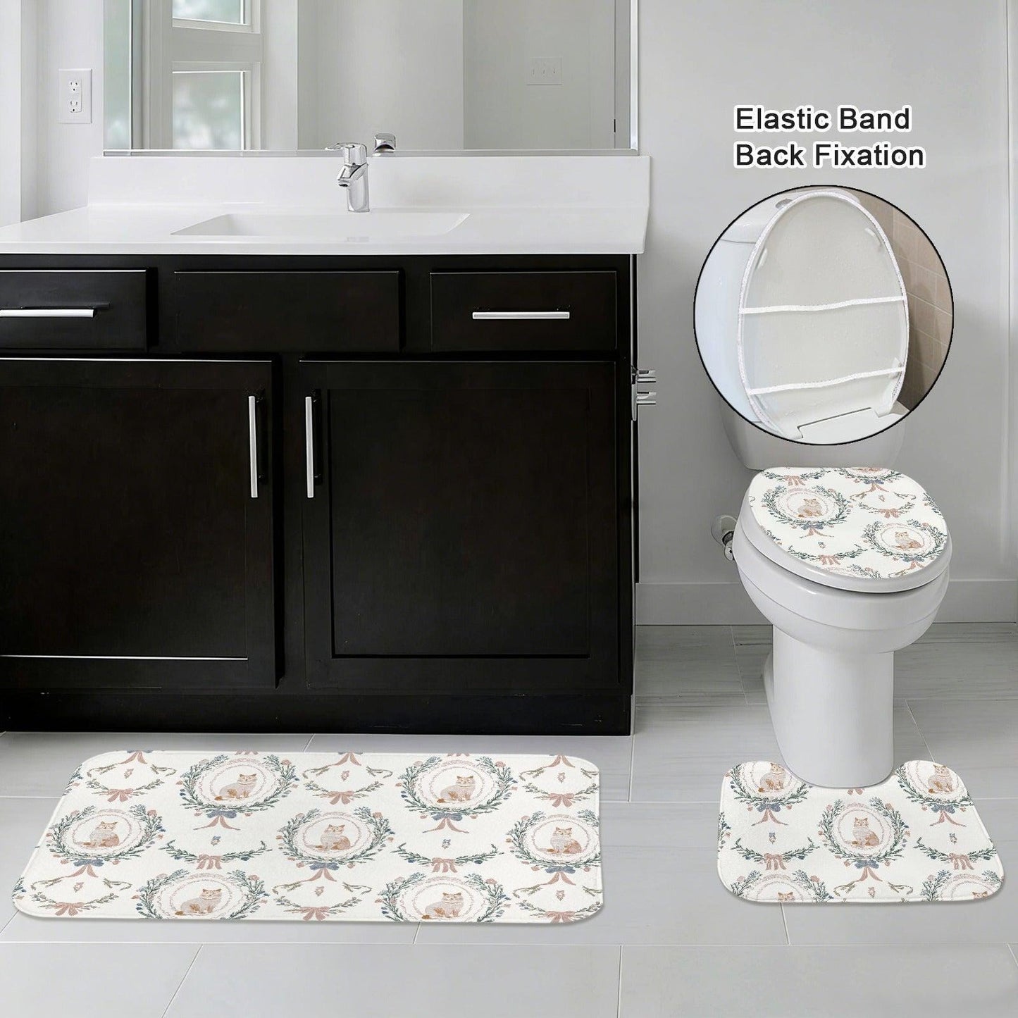 Cat Lover Bathroom Rug Set, Vintage Toile Floral Toilet Mat, Cottage Kitten Decor