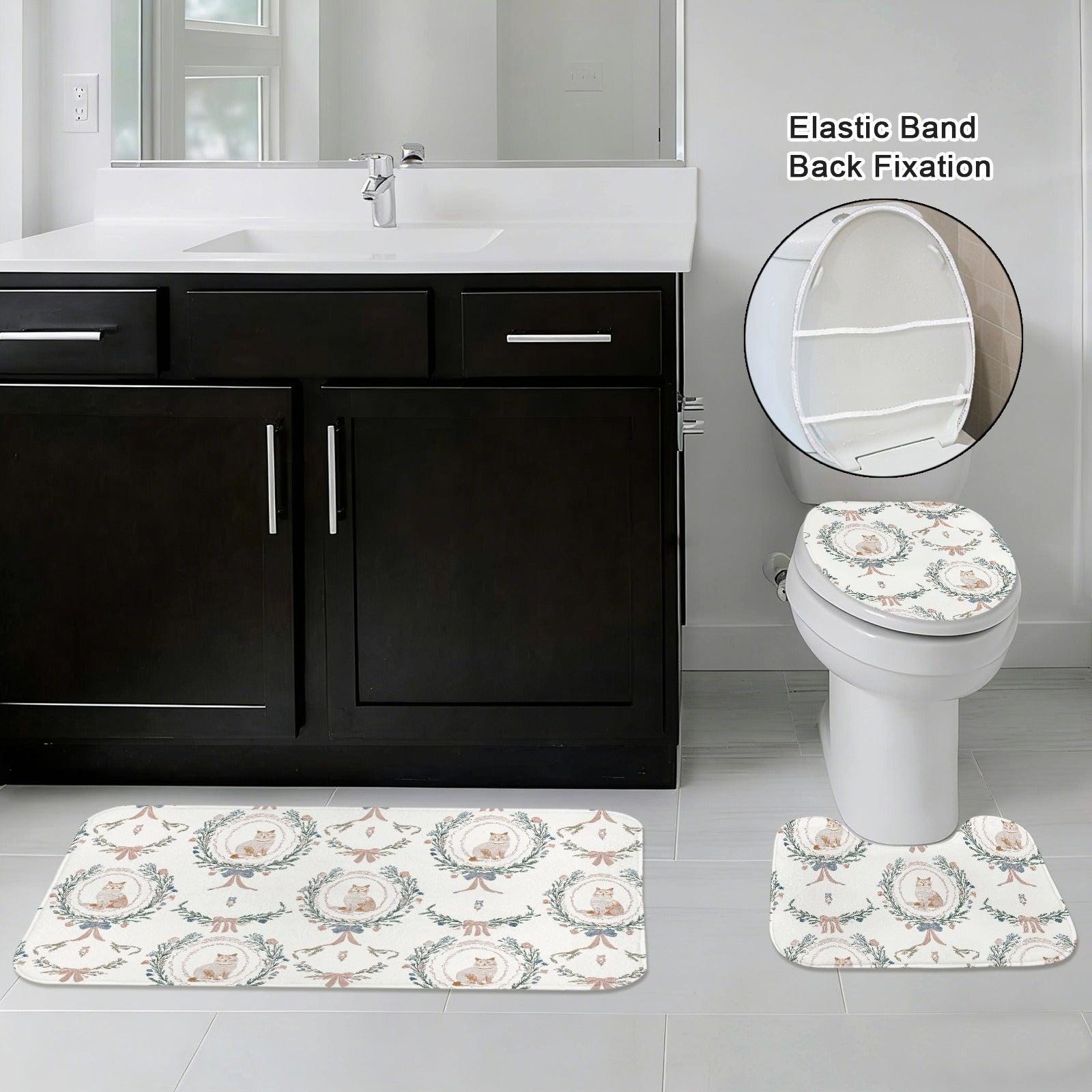 Cat Lover Bathroom Rug Set, Vintage Toile Floral Toilet Mat, Cottage Kitten Decor