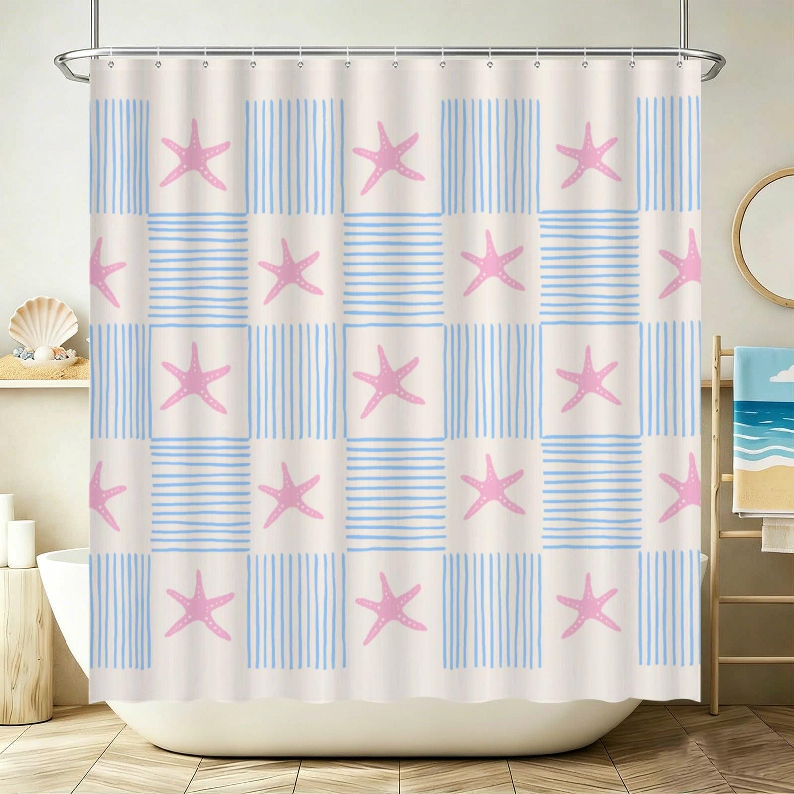 Pink Starfish Stripe Shower Curtain, Coastal Beach Bathroom Decor