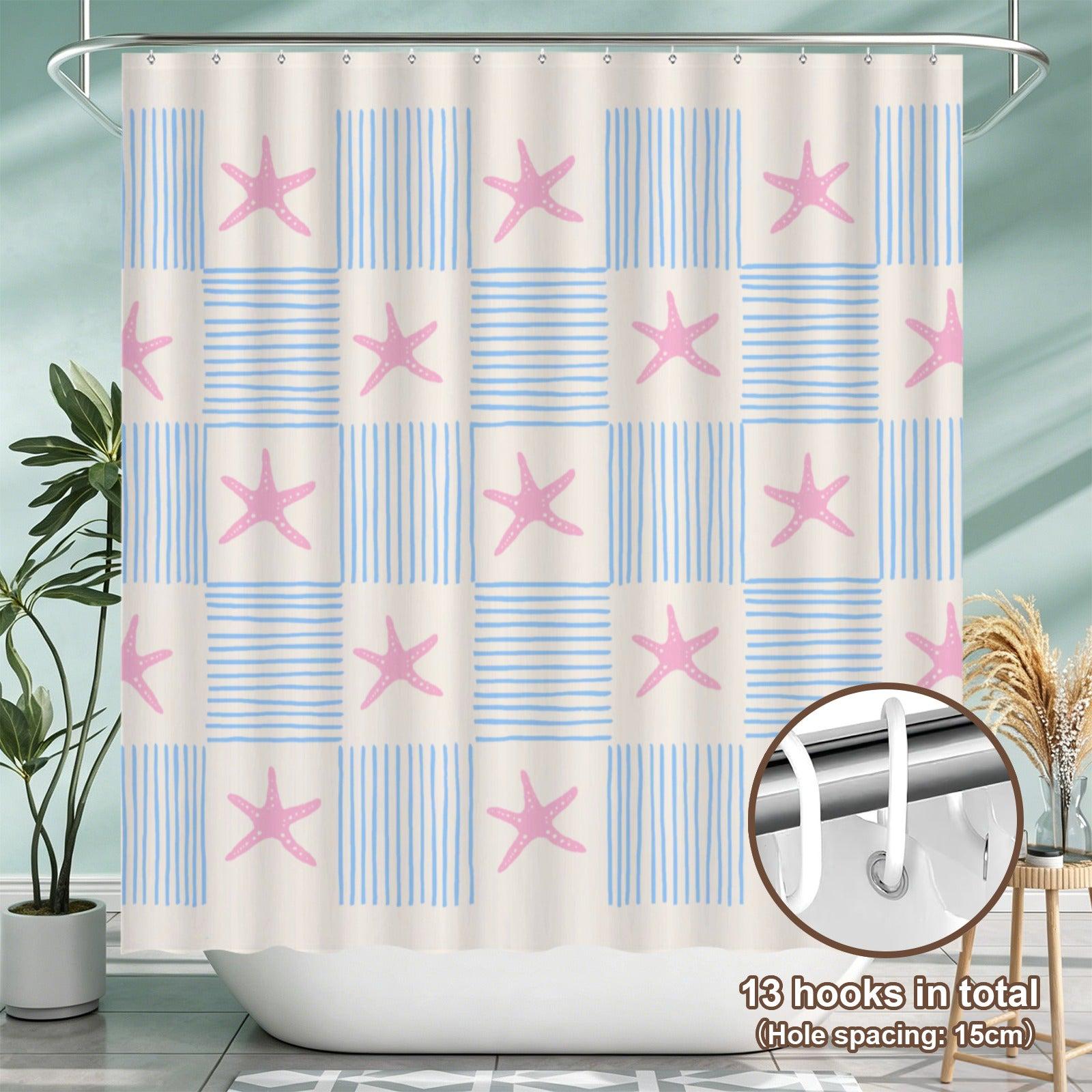Pink Starfish Stripe Shower Curtain, Coastal Beach Bathroom Decor