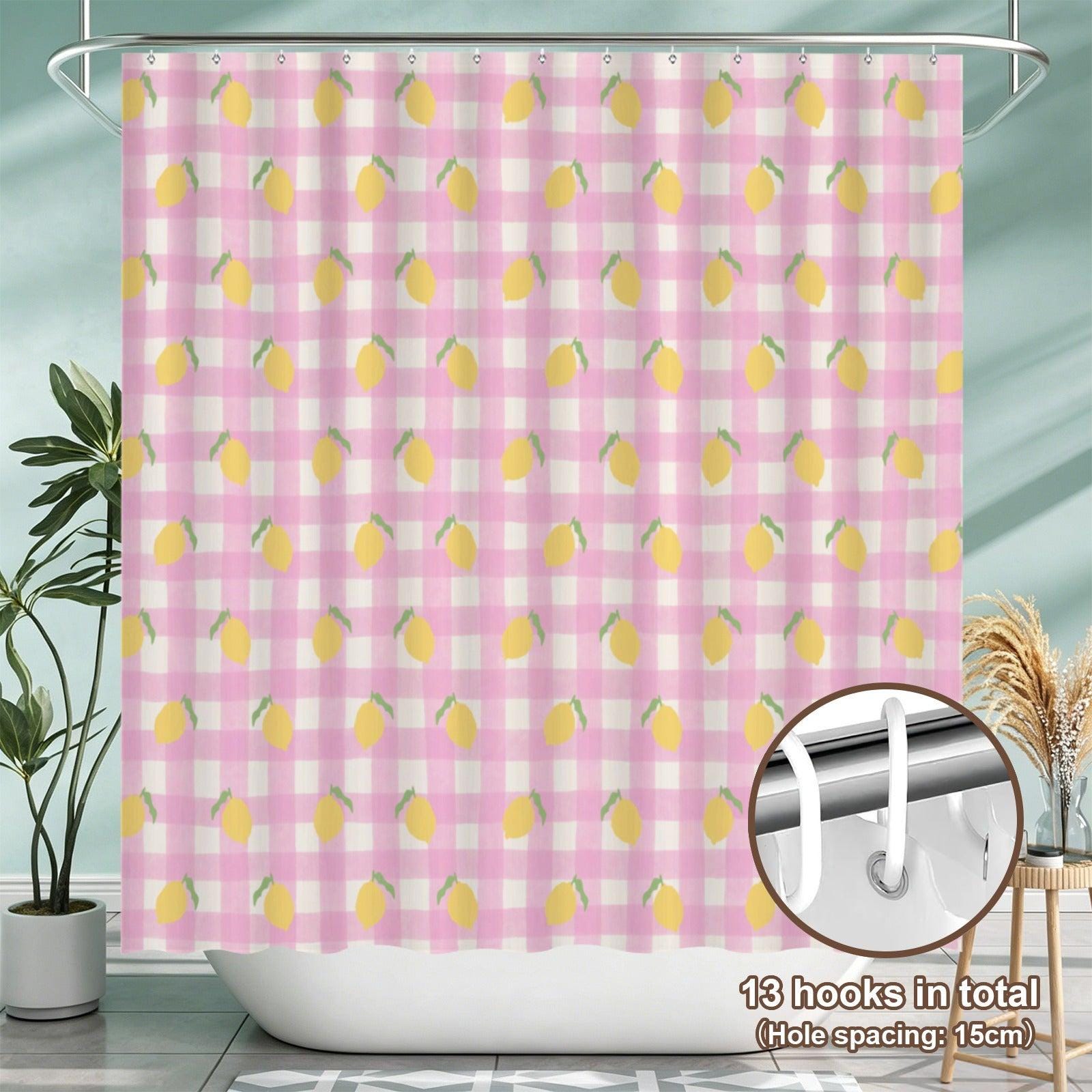 Pink Gingham Lemon Shower Curtain, Cottagecore Bathroom Decor, Picnic Check Bath Accent