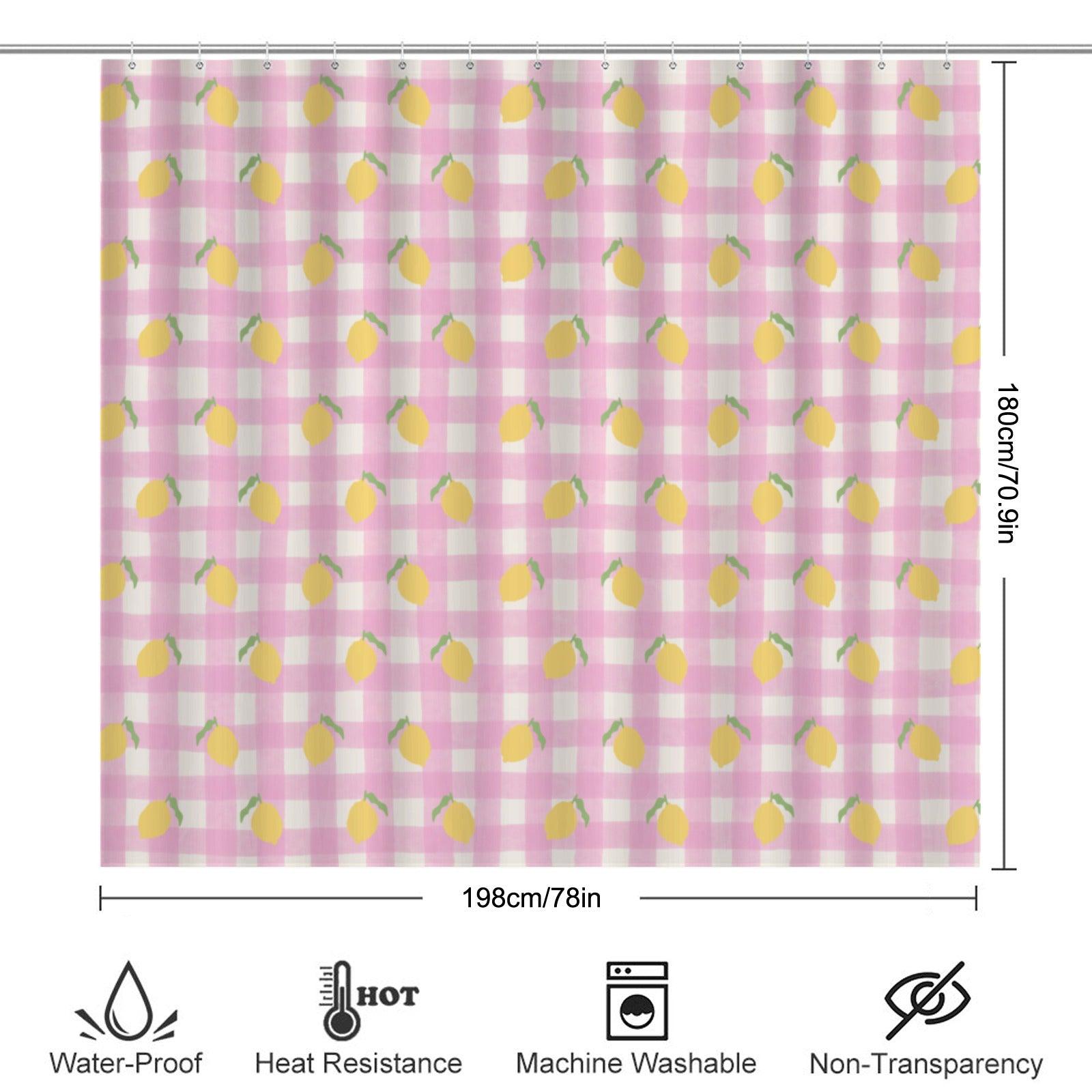 Pink Gingham Lemon Shower Curtain, Cottagecore Bathroom Decor, Picnic Check Bath Accent