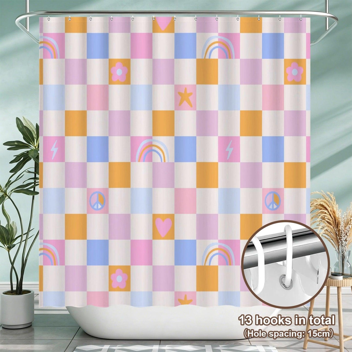 Checkered Shower Curtain, Pastel Rainbow Peace Sign, Retro Y2K Bathroom Decor