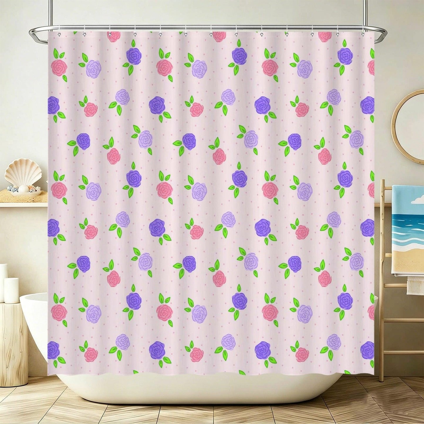 Floral Shower Curtain, Pink Purple Roses, Cottagecore Bathroom Decor