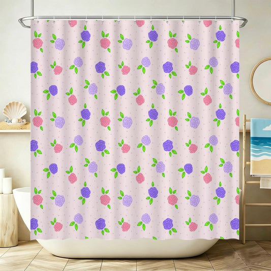 Floral Shower Curtain, Pink Purple Roses, Cottagecore Bathroom Decor