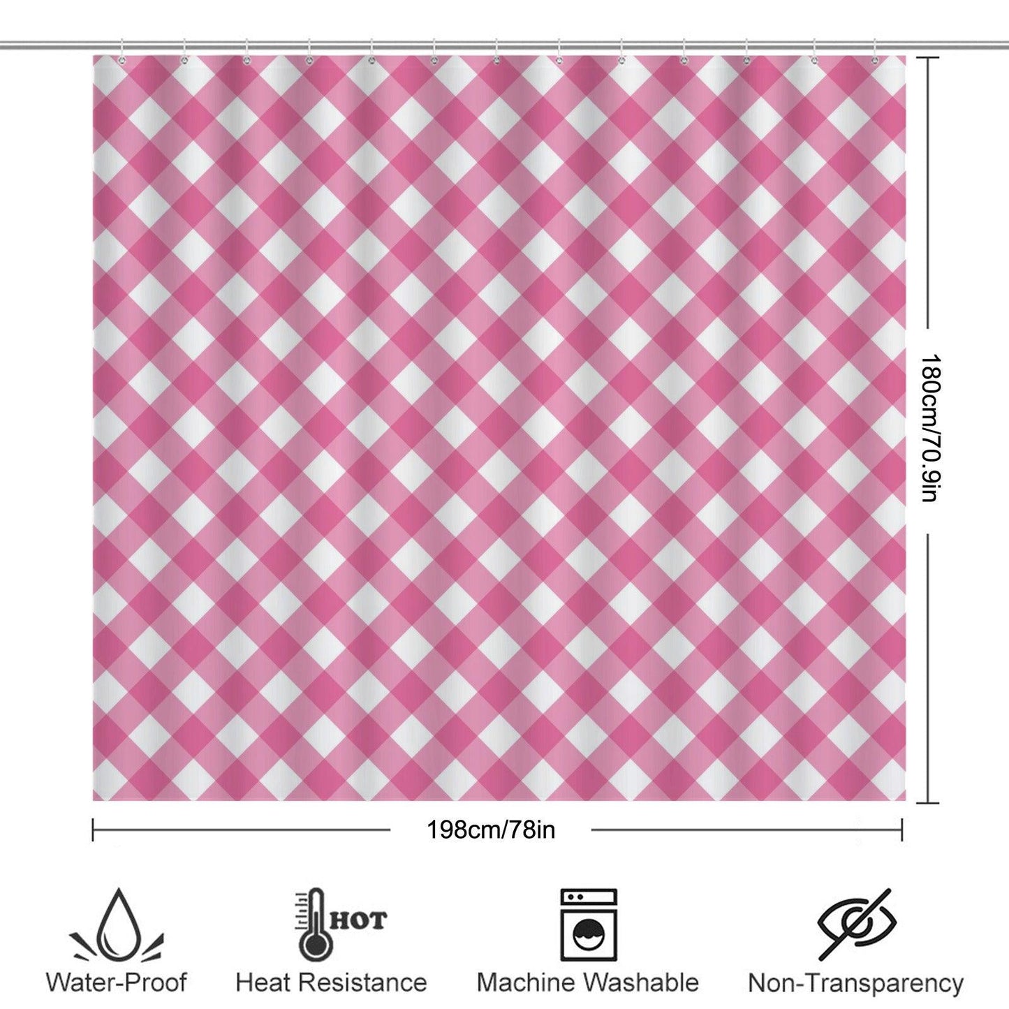 Pink Gingham Shower Curtain, Checkered Bathroom Decor, Preppy Bath Accent