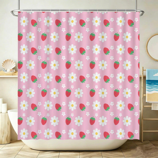 Pink Strawberry Daisy Shower Curtain, Whimsical Fruit Floral Bath Accent