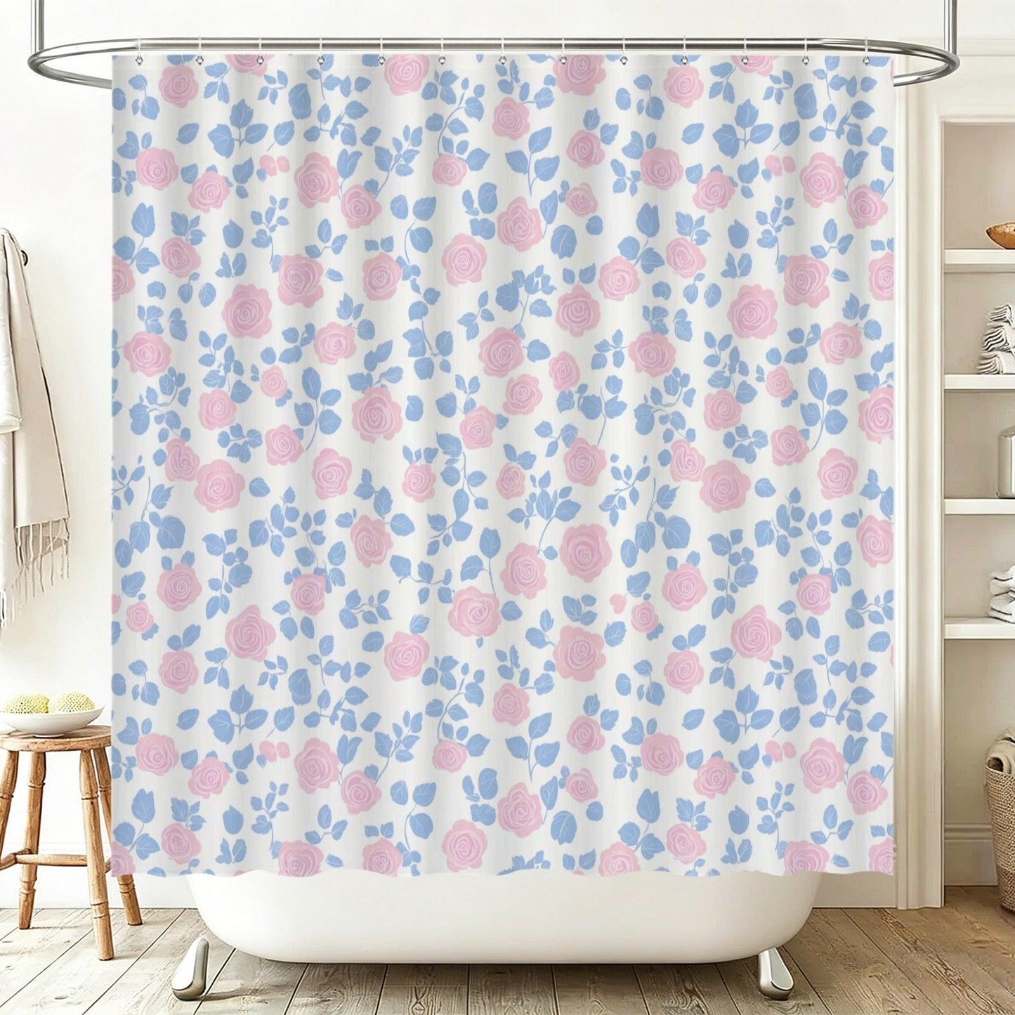 Pink Rose Floral Shower Curtain, Blue Leaves Cottage Bath Decor