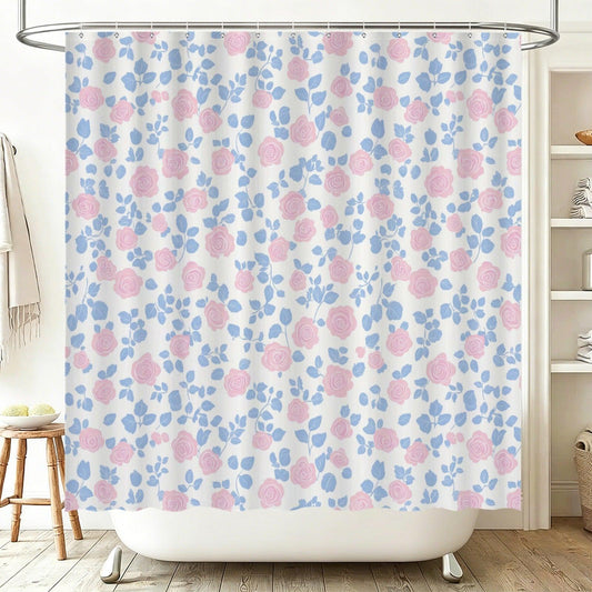 Pink Rose Floral Shower Curtain, Blue Leaves Cottage Bath Decor