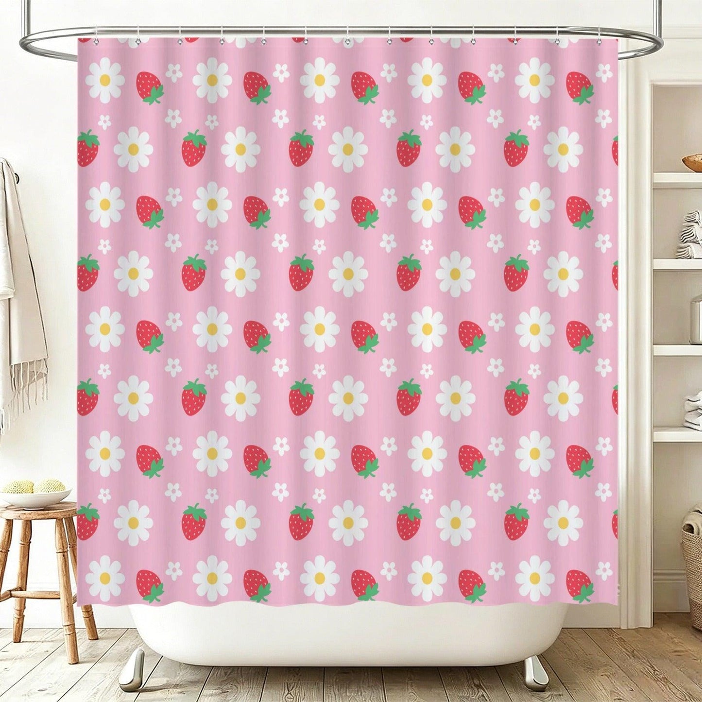 Pink Strawberry Daisy Shower Curtain, Whimsical Fruit Floral Bath Accent