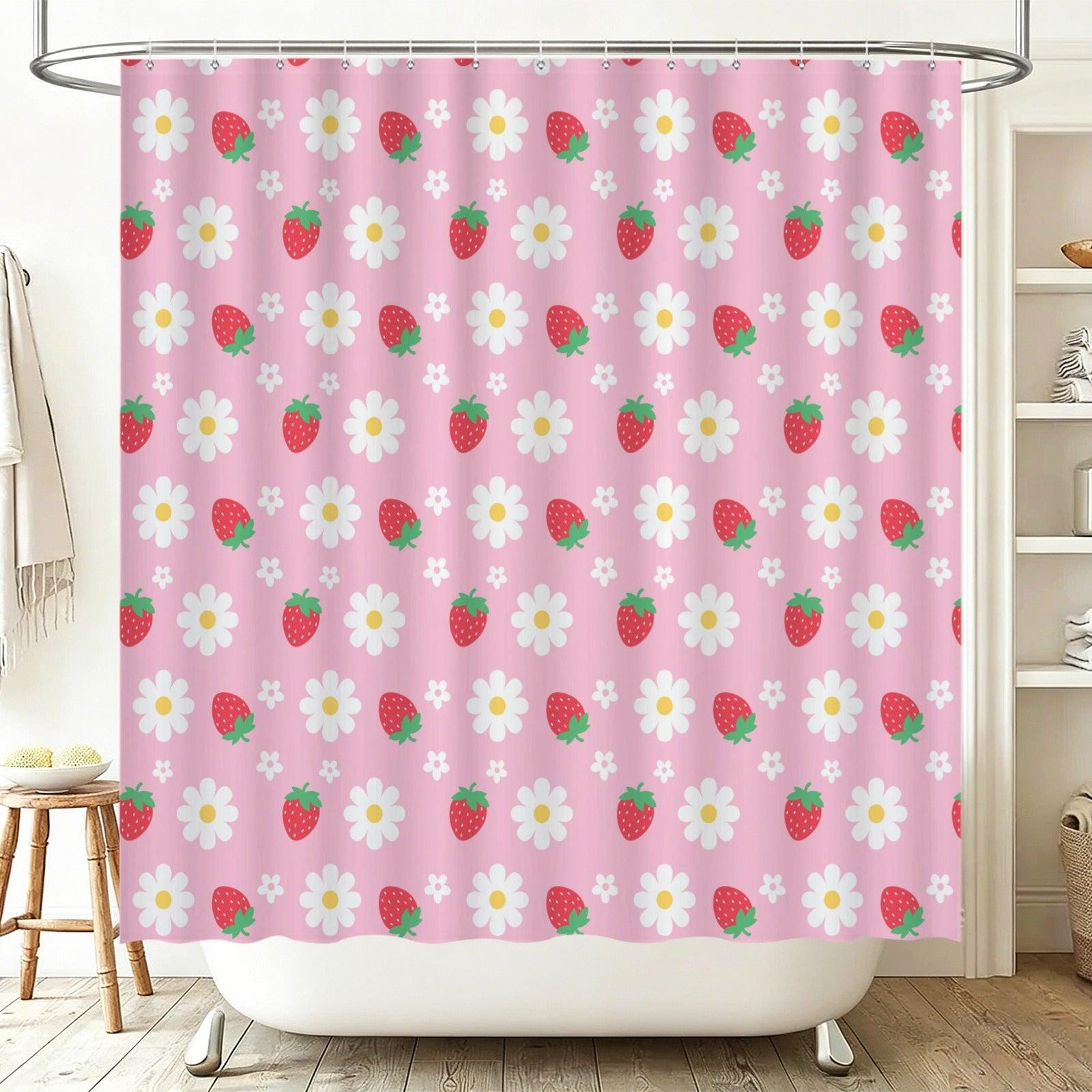 Pink Strawberry Daisy Shower Curtain, Whimsical Fruit Floral Bath Accent