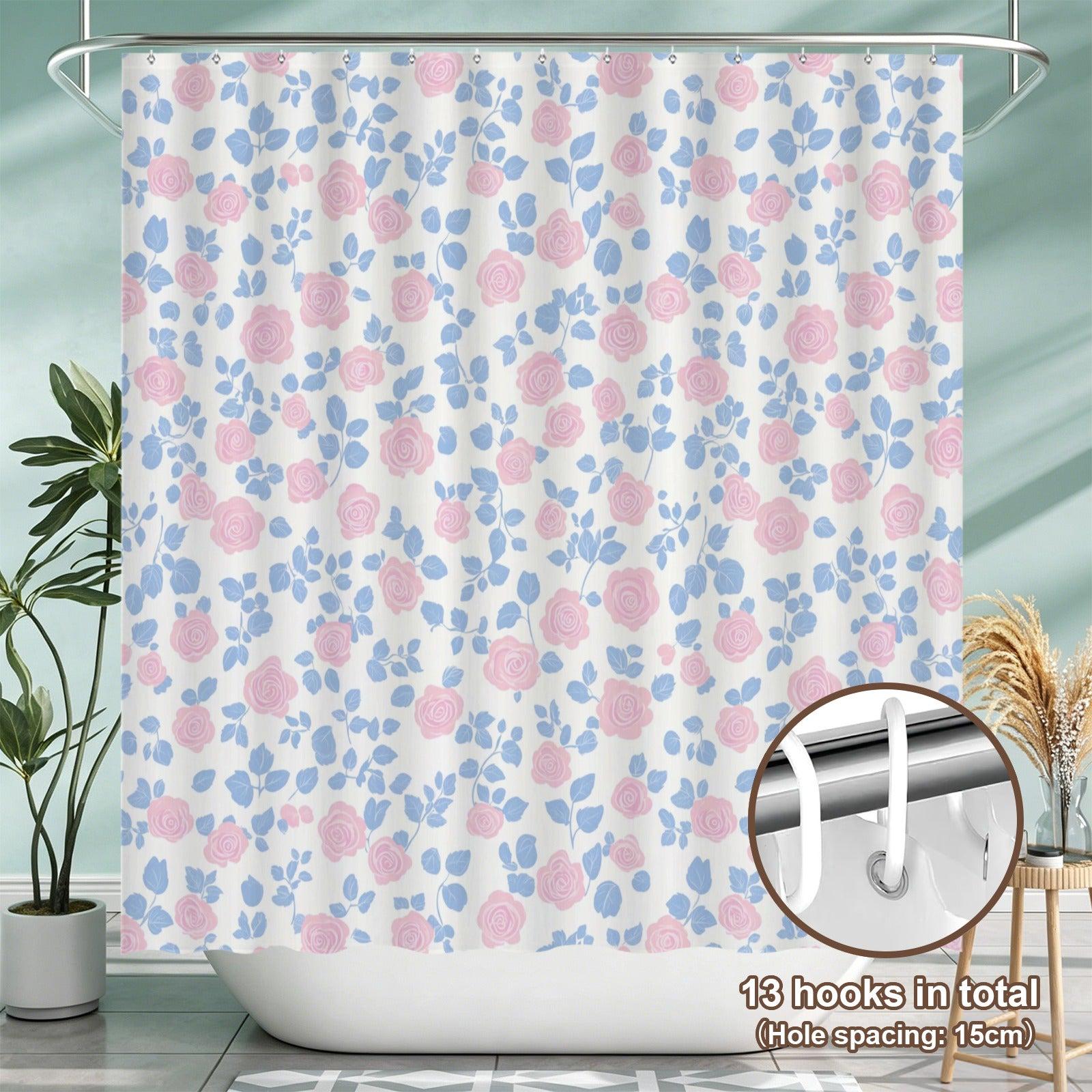 Pink Rose Floral Shower Curtain, Blue Leaves Cottage Bath Decor