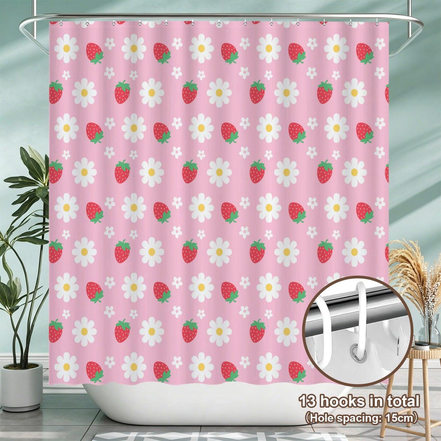 Pink Strawberry Daisy Shower Curtain, Whimsical Fruit Floral Bath Accent