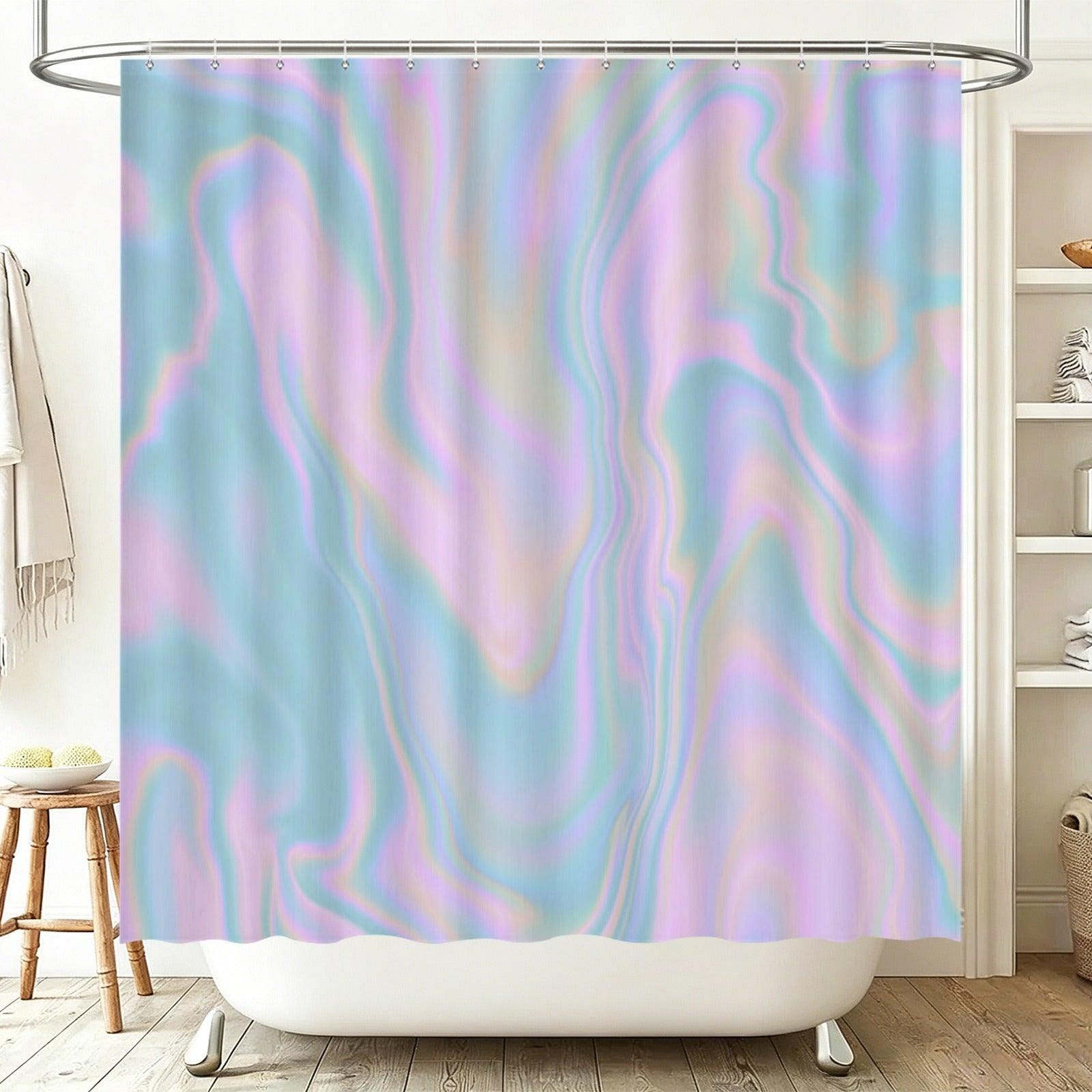 Holographic Shower Curtain, Pastel Opal Swirl, Iridescent Wavy Bath Decor