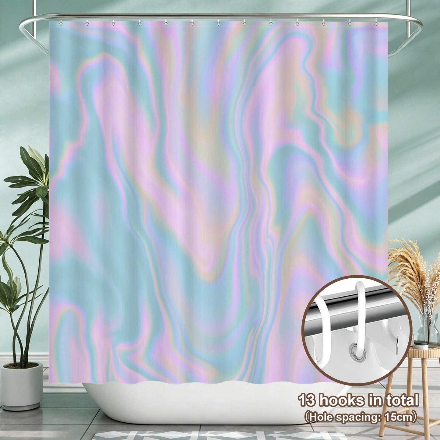 Holographic Shower Curtain, Pastel Opal Swirl, Iridescent Wavy Bath Decor