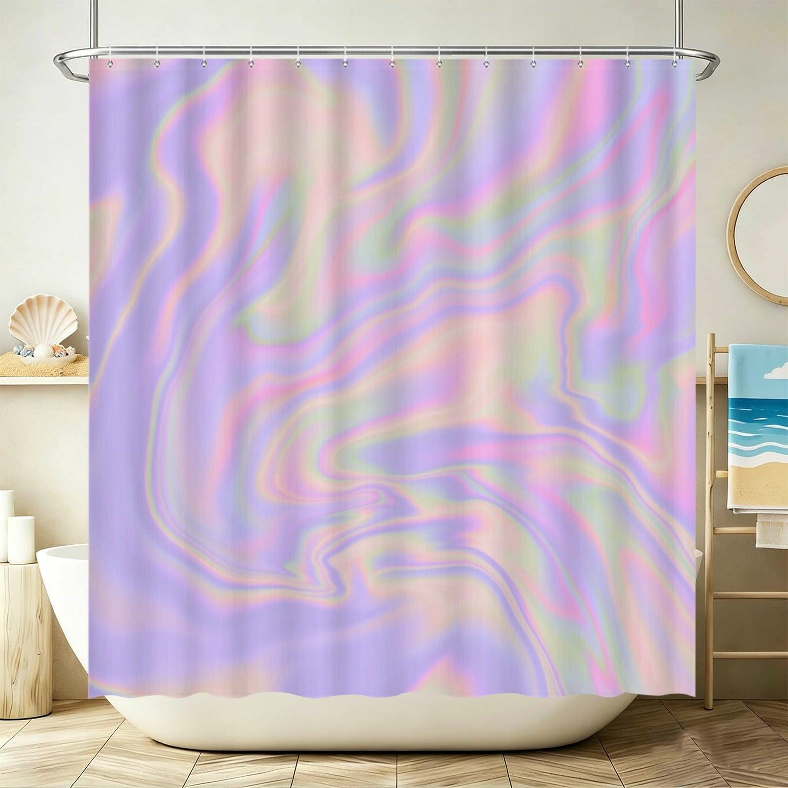 Holographic Shower Curtain, Pastel Abstract Lavender Pink Bath Decor, Y2K Iridescent Accent