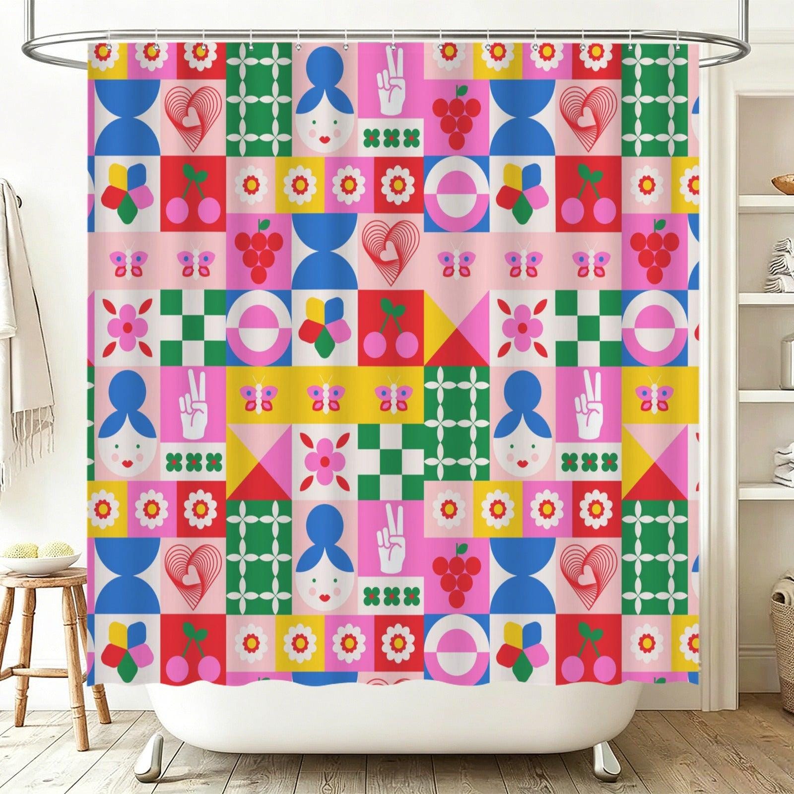 Retro Tile Shower Curtain, Colorful Mod Cherry Daisy Bath Decor