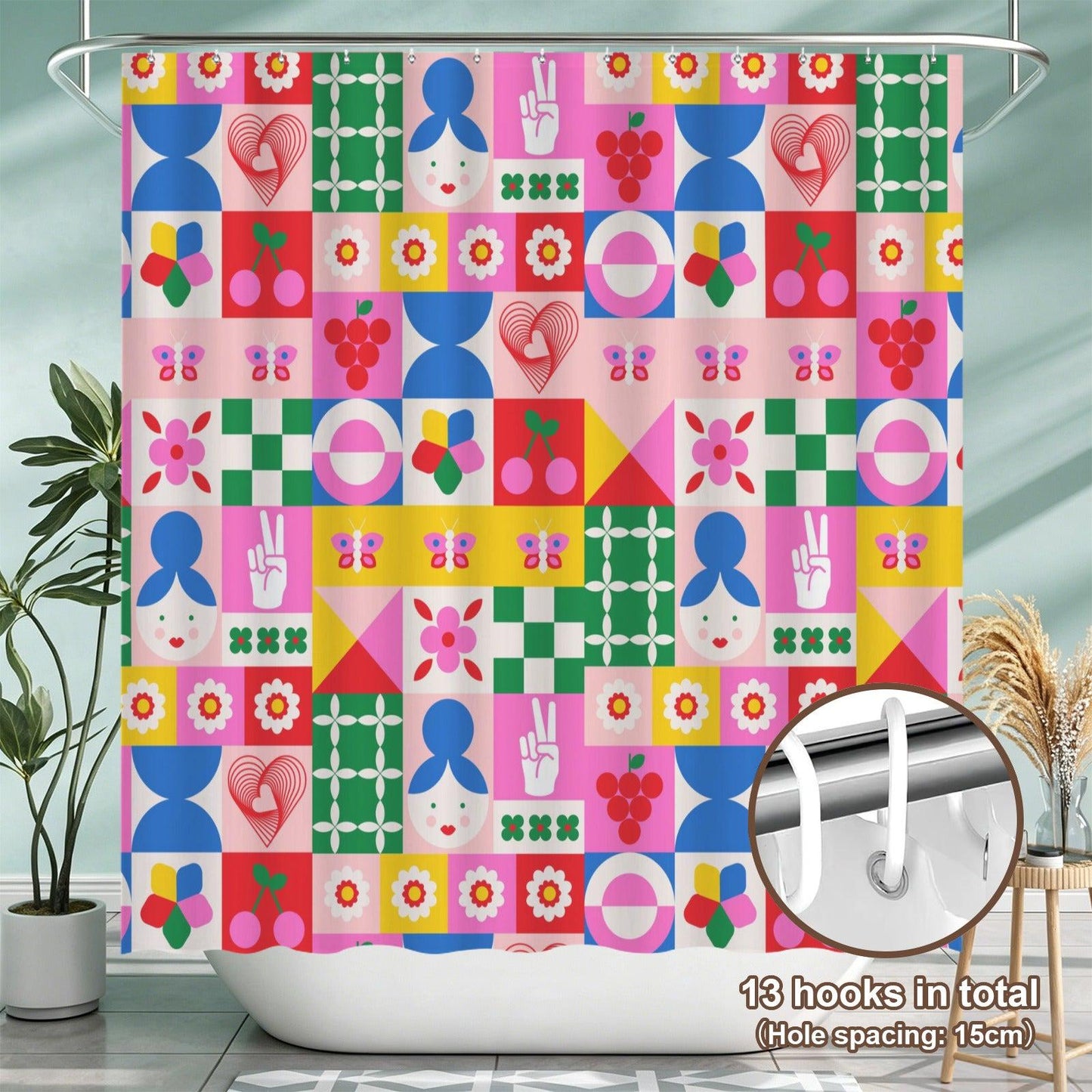 Retro Tile Shower Curtain, Colorful Mod Cherry Daisy Bath Decor