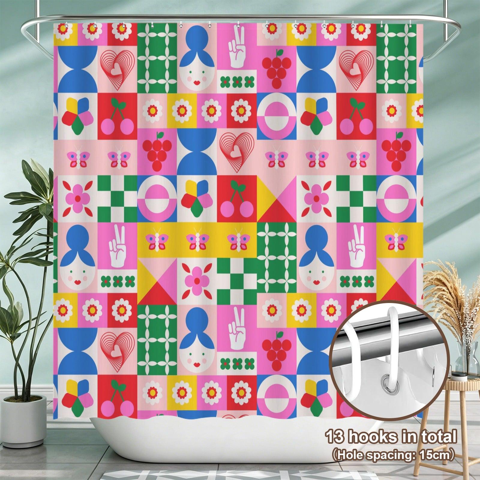 Retro Tile Shower Curtain, Colorful Mod Cherry Daisy Bath Decor