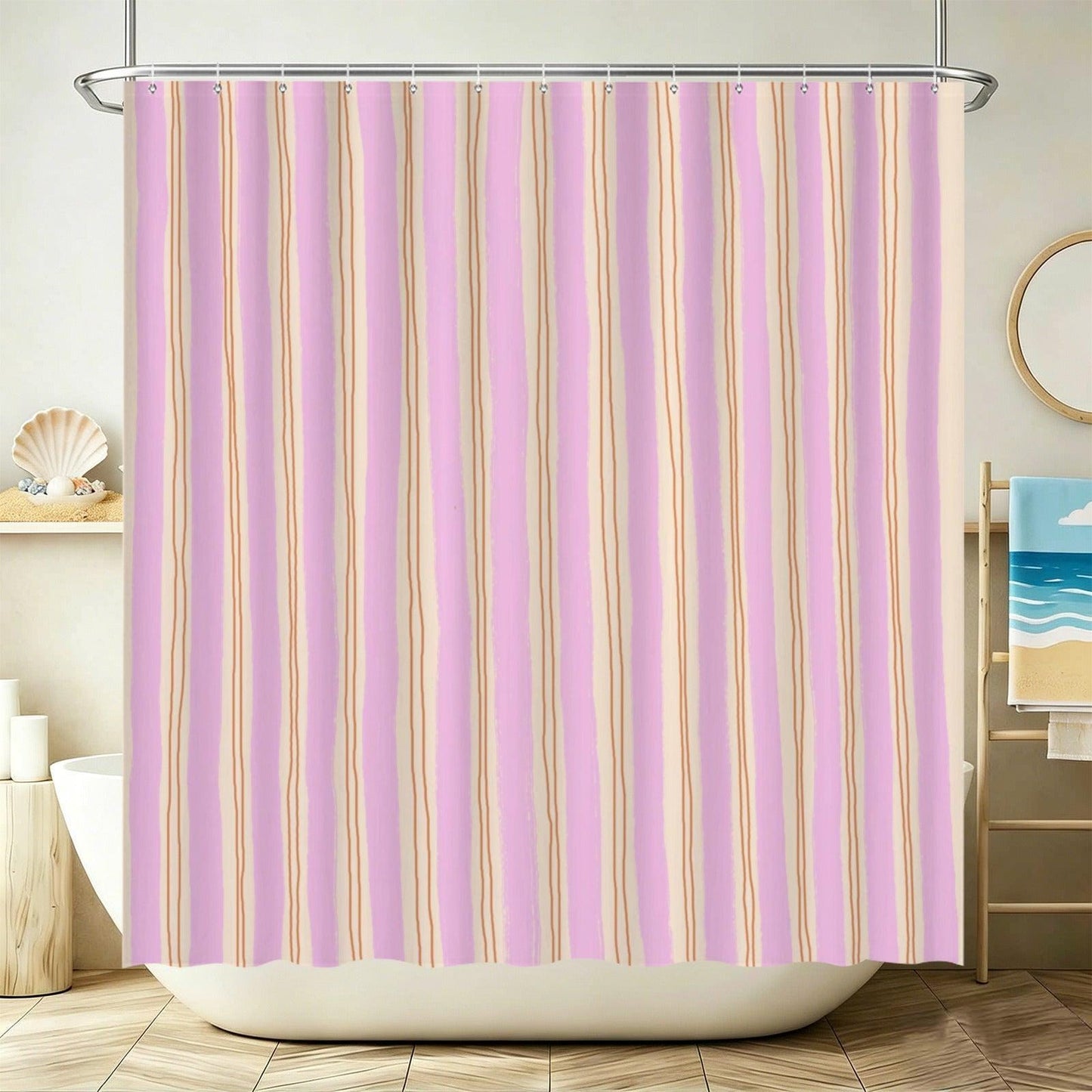 Pink Wavy Stripe Shower Curtain, Blush Cream Preppy Bathroom Decor