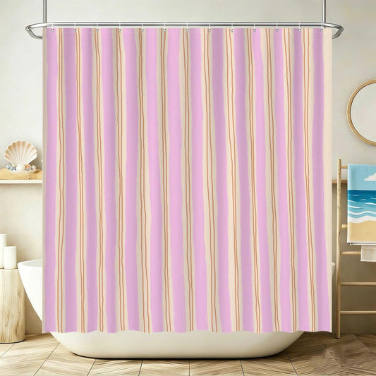 Pink Wavy Stripe Shower Curtain, Blush Cream Preppy Bathroom Decor