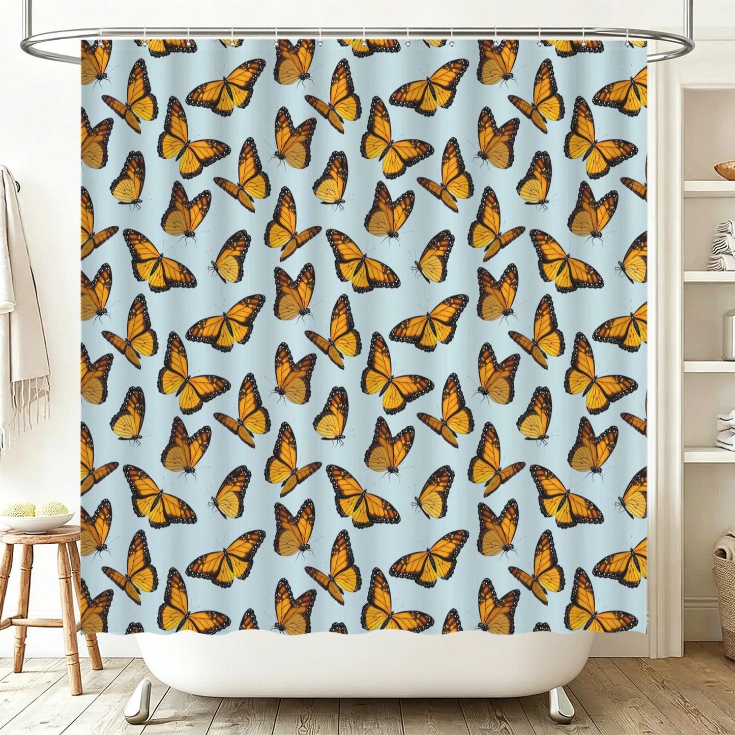 Monarch Butterfly Shower Curtain, Sky Blue Nature Bath Decor, Cottage Garden Accent