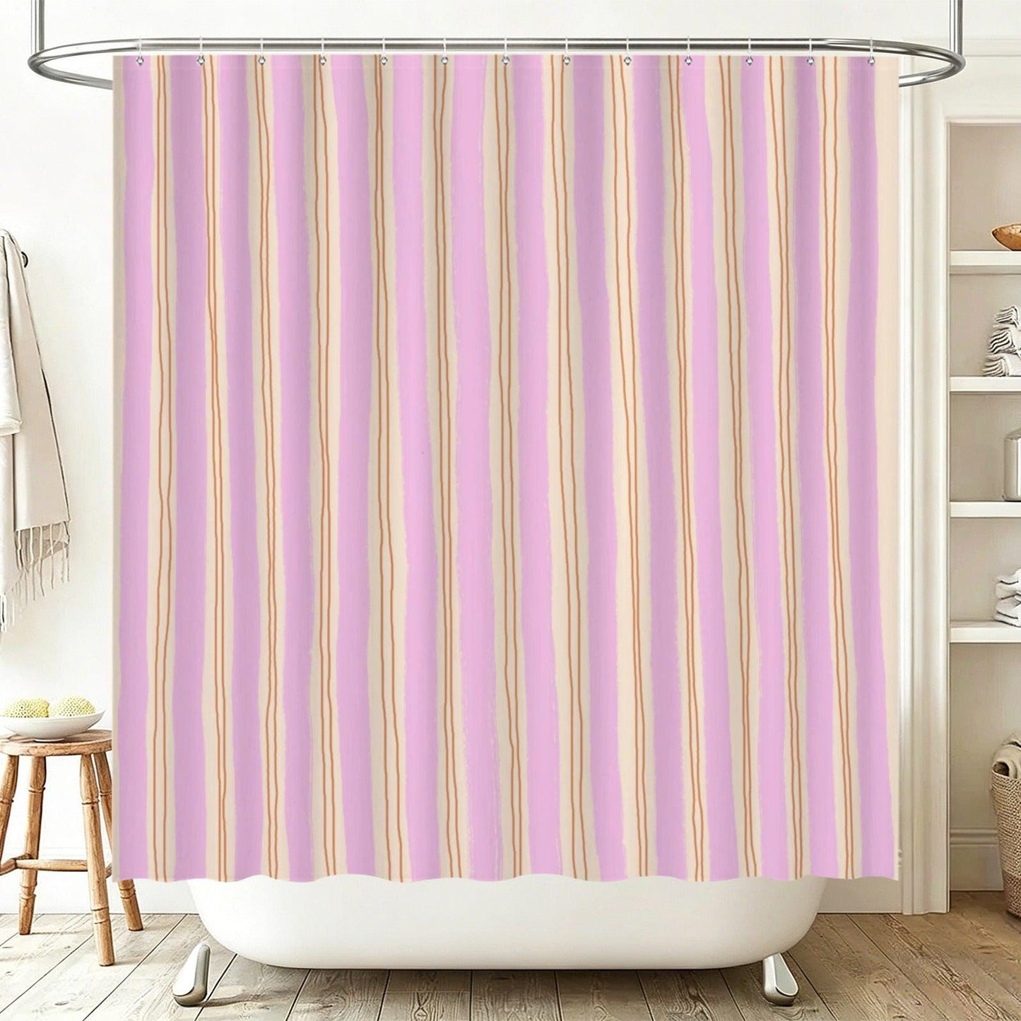 Pink Wavy Stripe Shower Curtain, Blush Cream Preppy Bathroom Decor