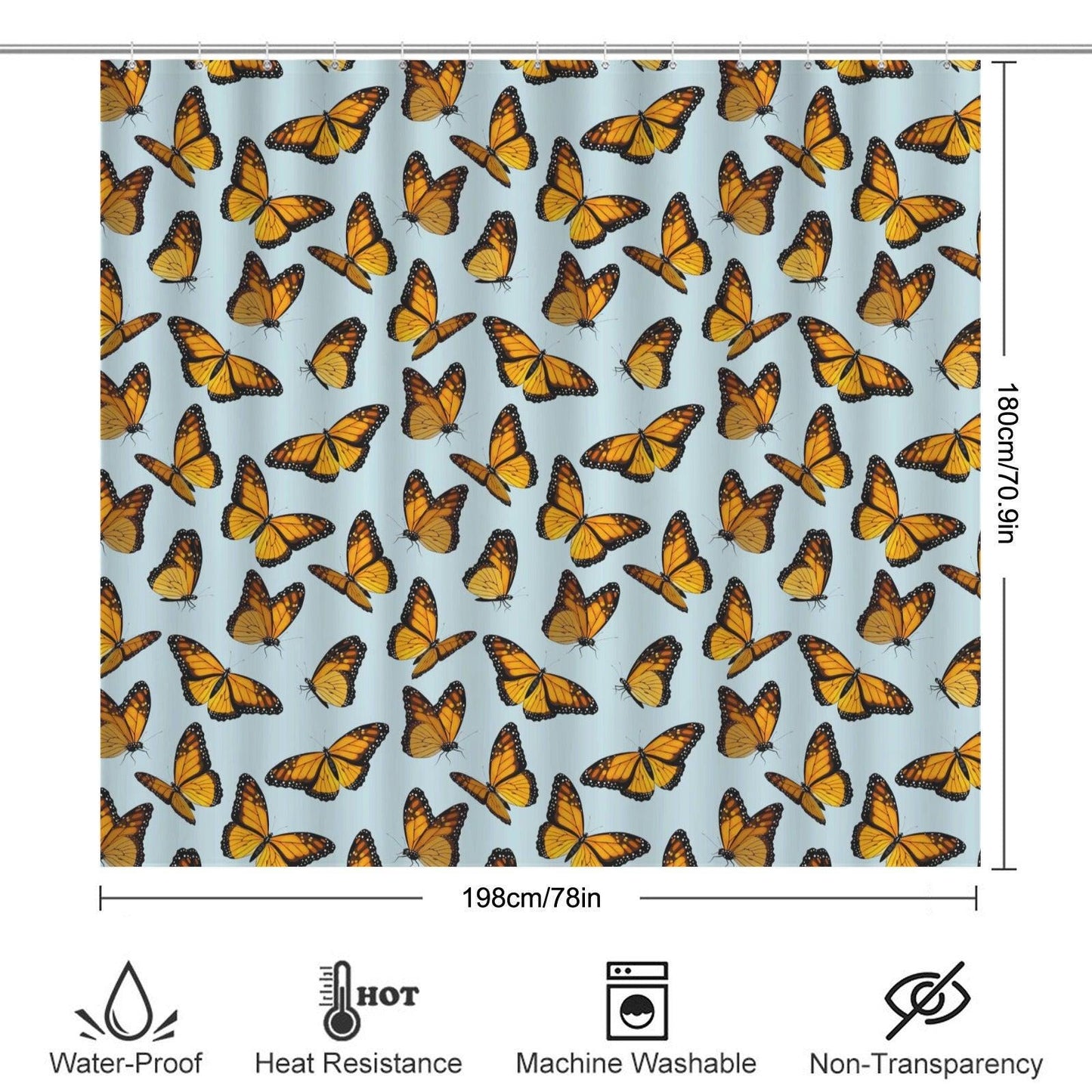 Monarch Butterfly Shower Curtain, Sky Blue Nature Bath Decor, Cottage Garden Accent