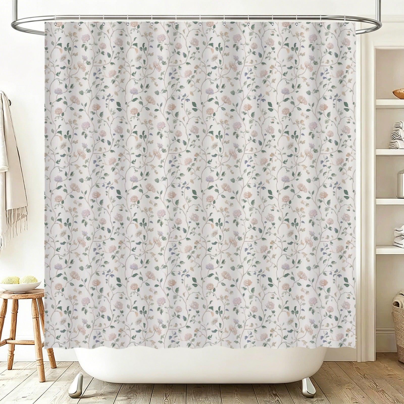 Neutral Floral Shower Curtain, Botanical Vine Bathroom Decor, Soft Romantic Bath Curtain