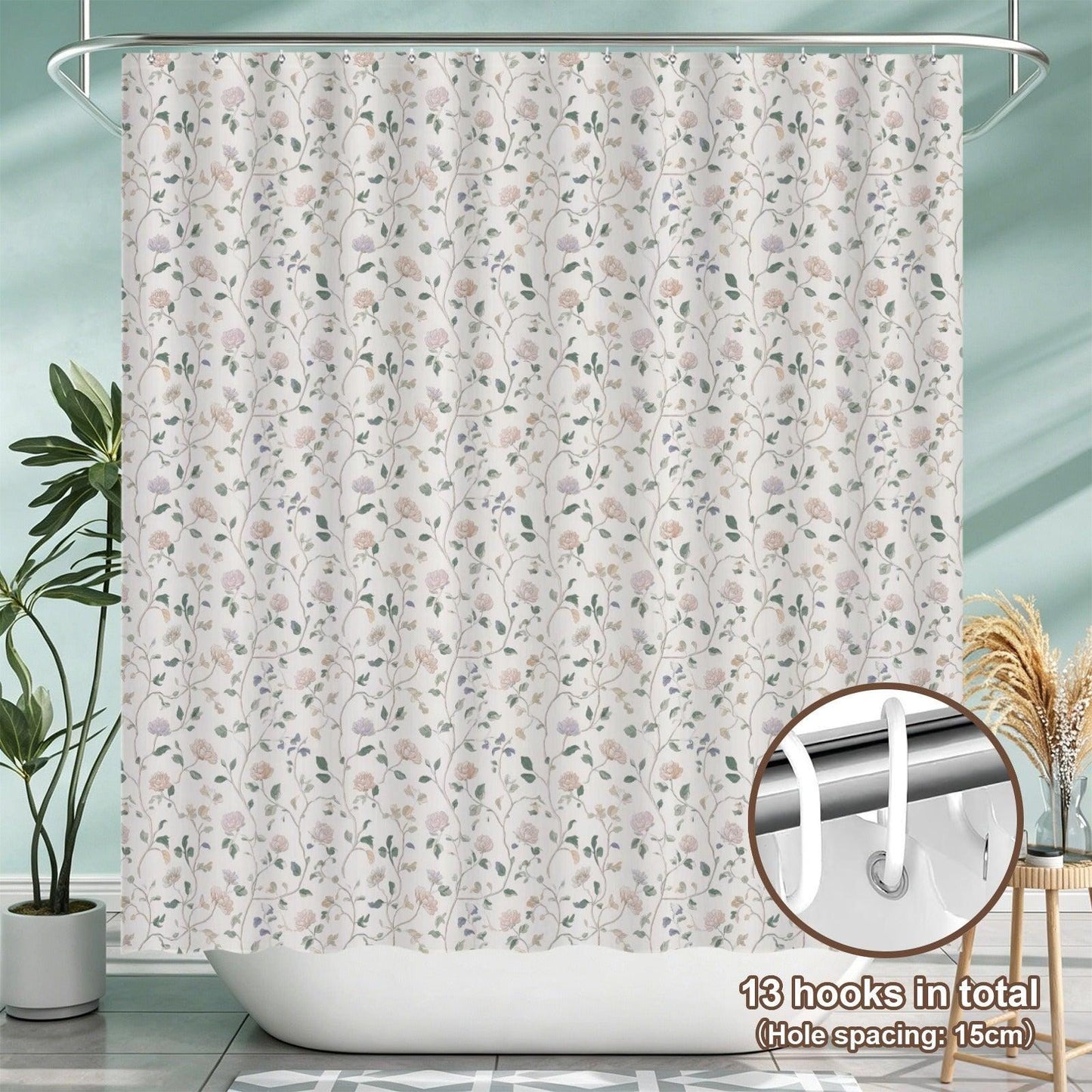 Neutral Floral Shower Curtain, Botanical Vine Bathroom Decor, Soft Romantic Bath Curtain