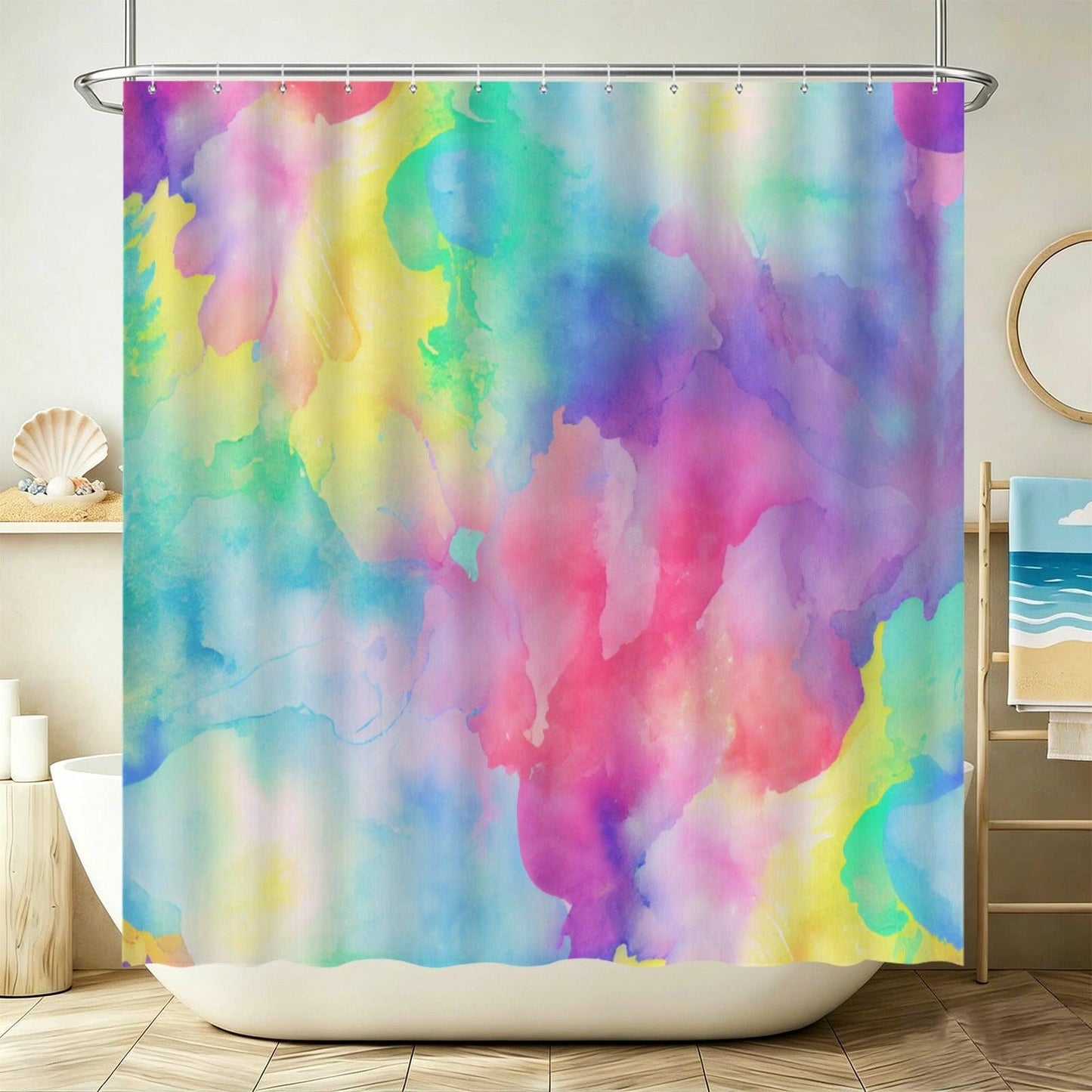 Abstract Watercolor Shower Curtain, Pastel Rainbow Boho Bathroom Decor
