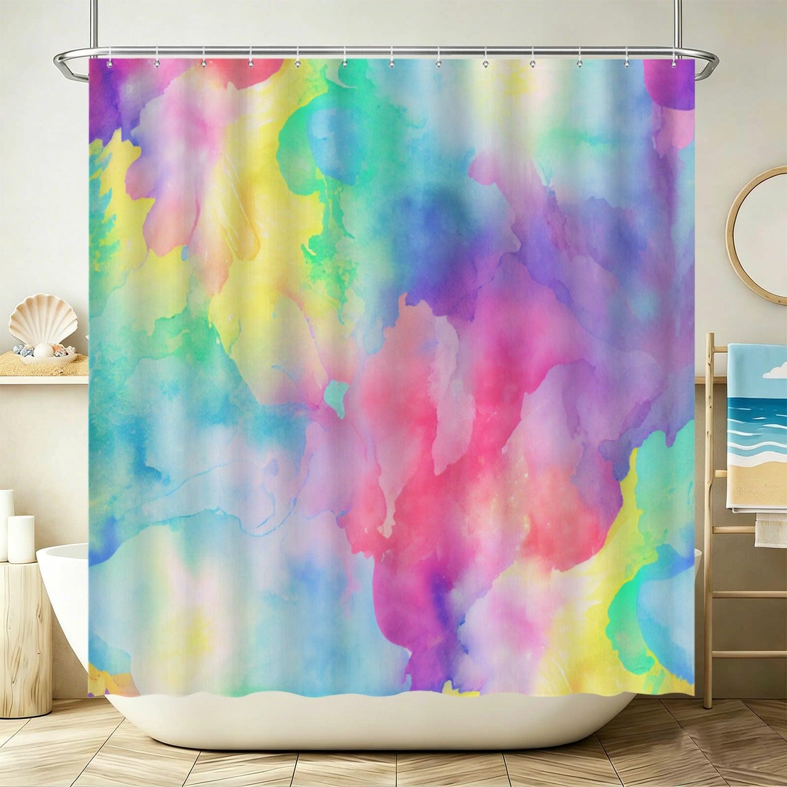 Abstract Watercolor Shower Curtain, Pastel Rainbow Boho Bathroom Decor