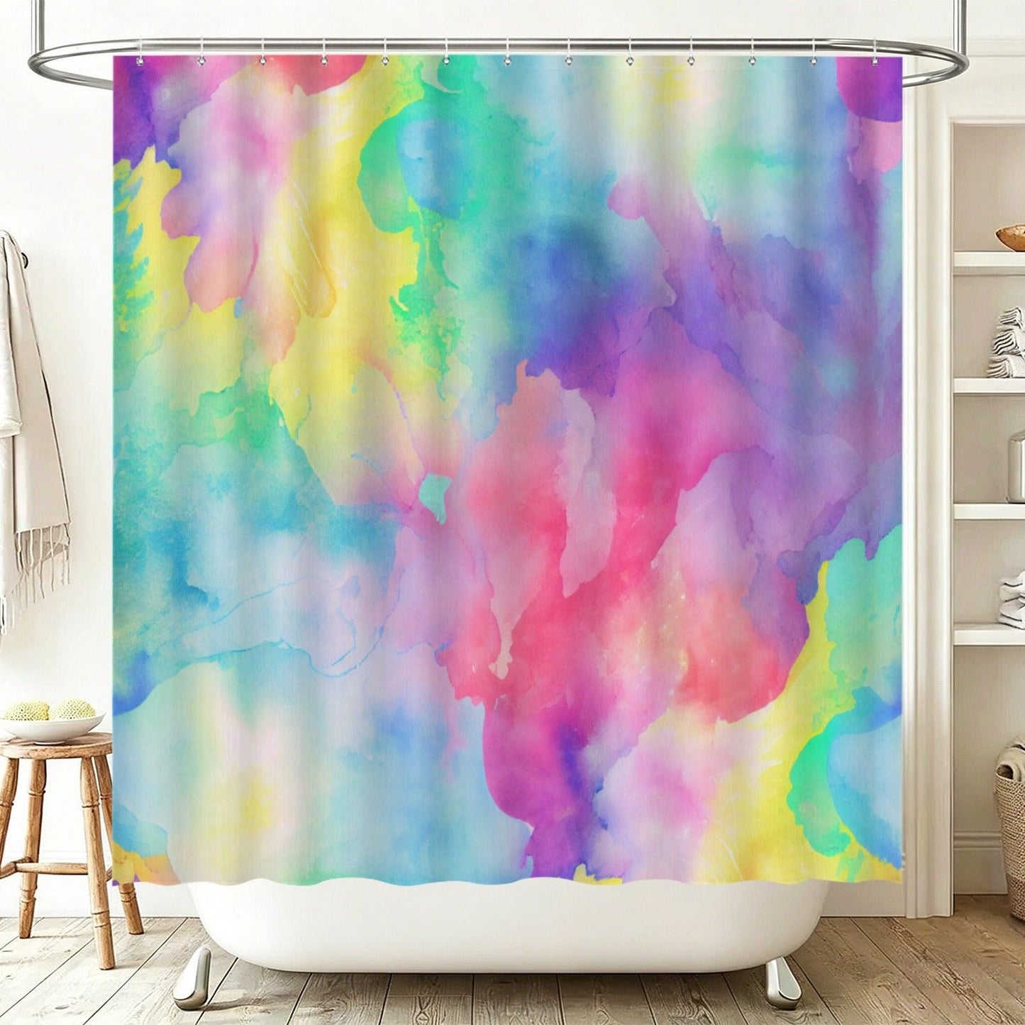Abstract Watercolor Shower Curtain, Pastel Rainbow Boho Bathroom Decor