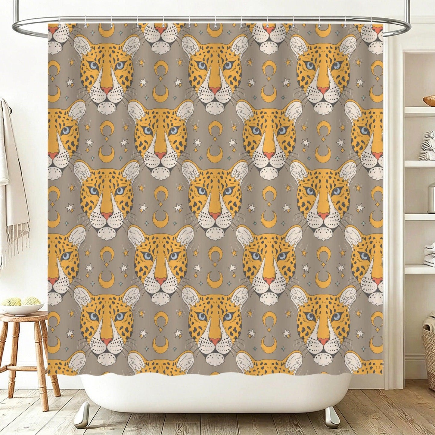 Leopard Moon Shower Curtain: Neutral Safari Celestial Bathroom Decor