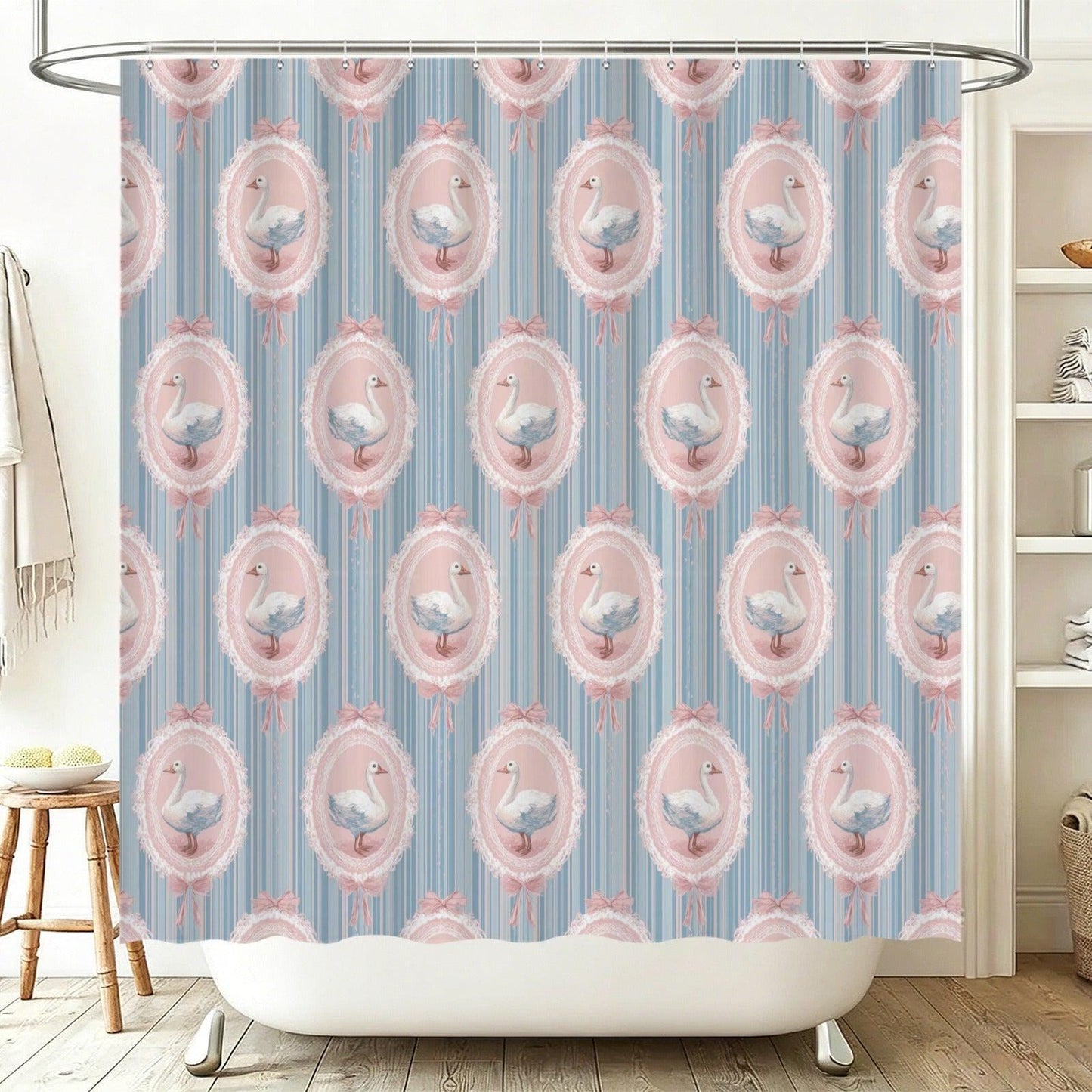 Swan Bathroom Rug Set, Coquette Cottagecore Bath Mat Trio, Pink Blue Powder Room Accessory