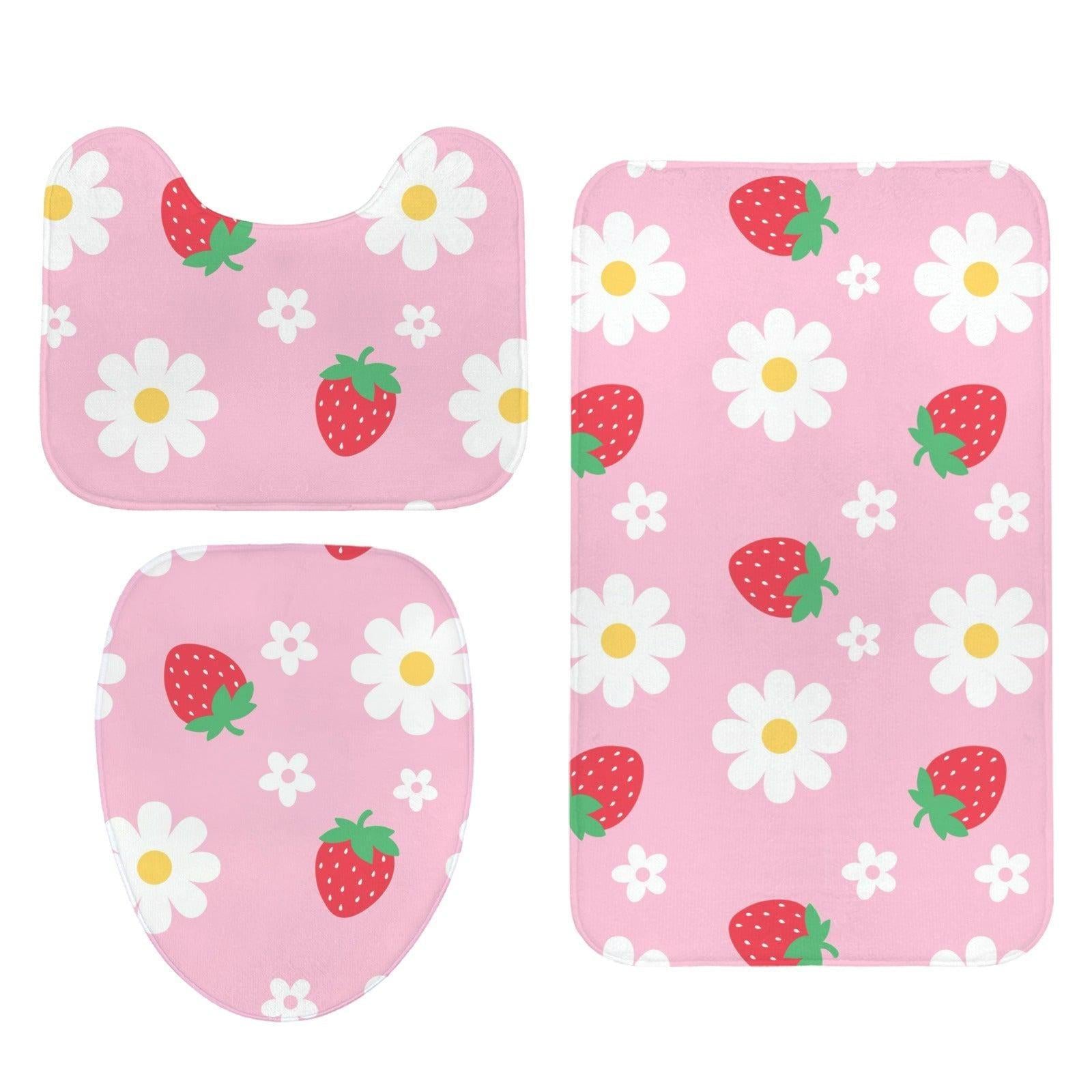 Pink Strawberry Daisy Shower Curtain, Whimsical Fruit Floral Bath Accent
