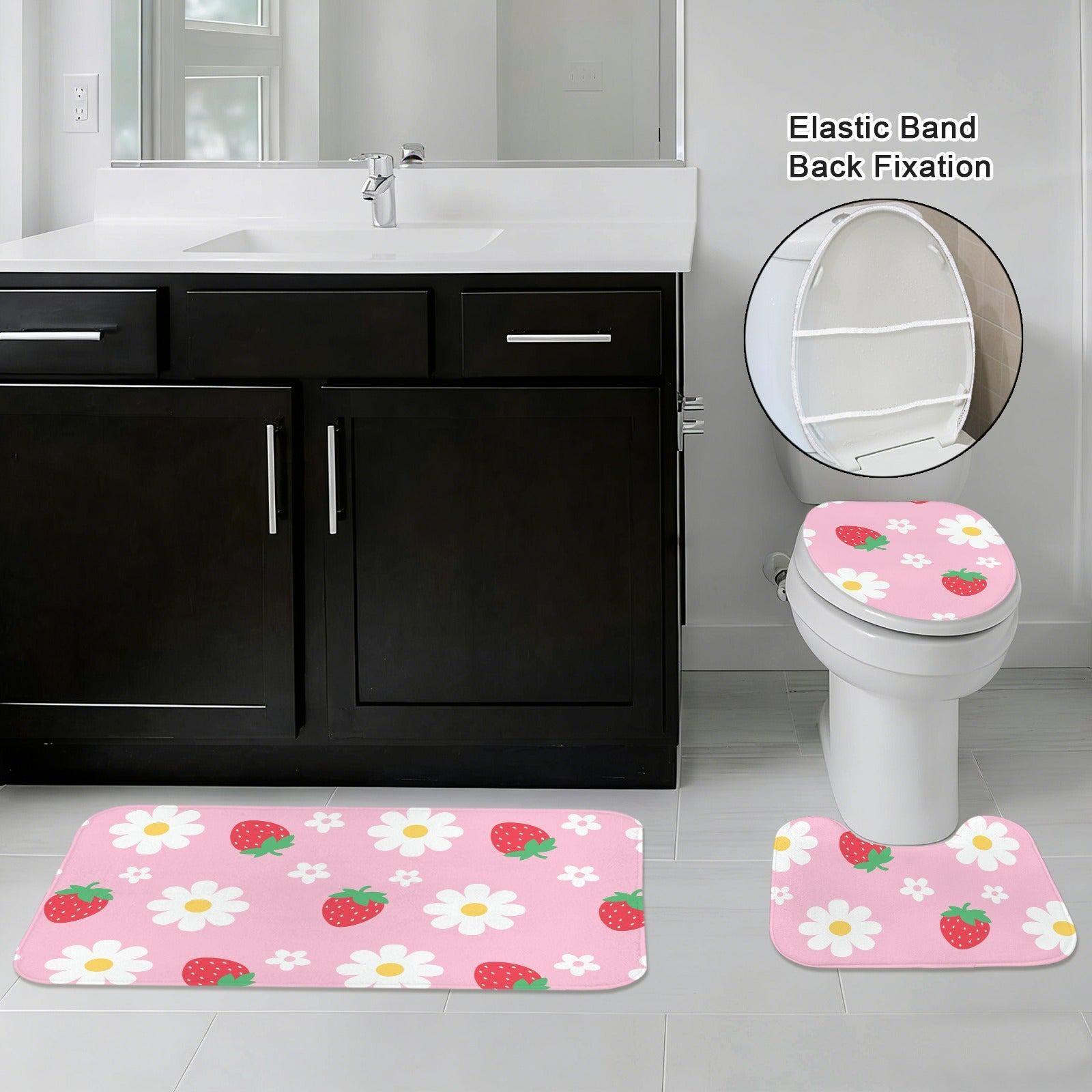 Pink Strawberry Daisy Shower Curtain, Whimsical Fruit Floral Bath Accent