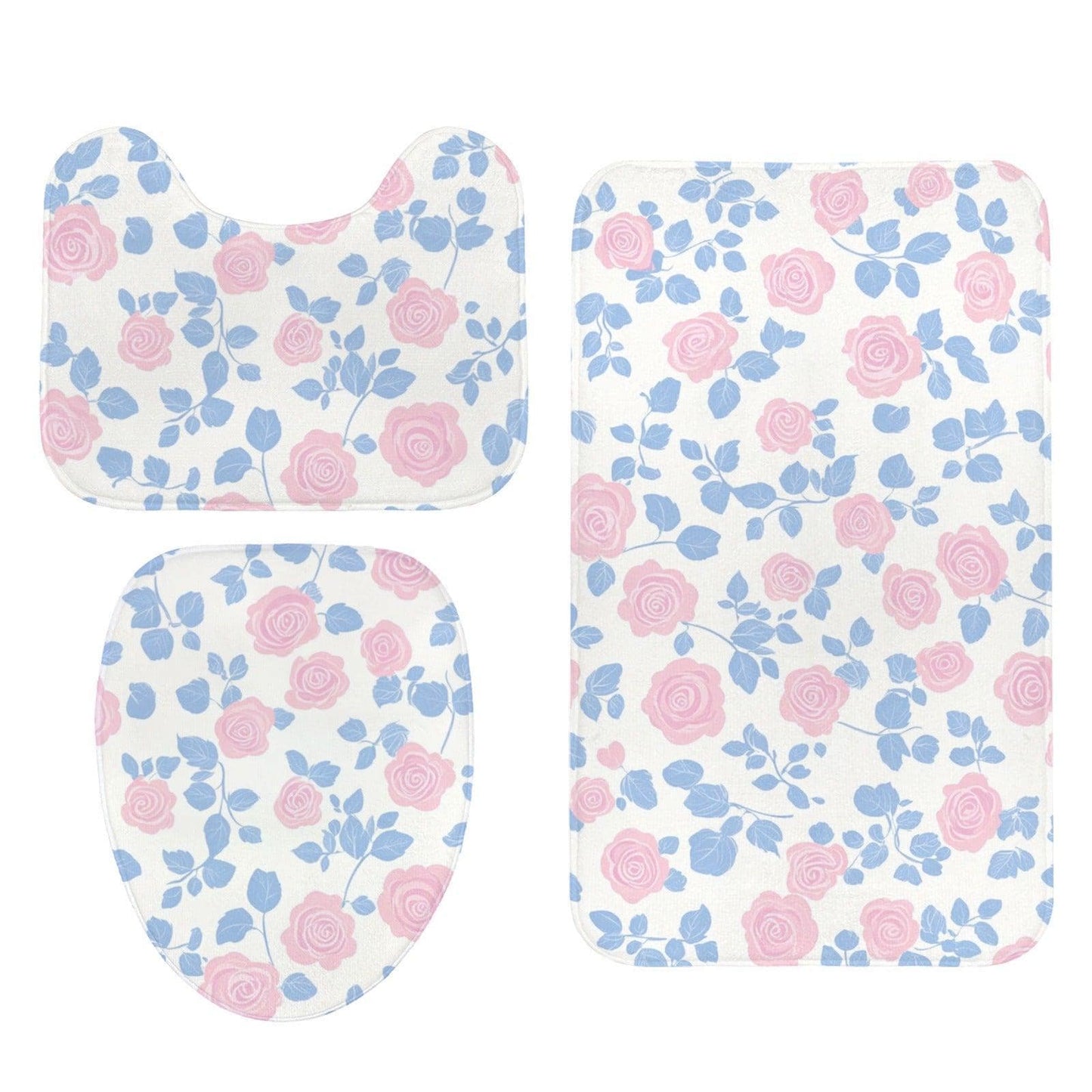 Pink Rose Floral Shower Curtain, Blue Leaves Cottage Bath Decor