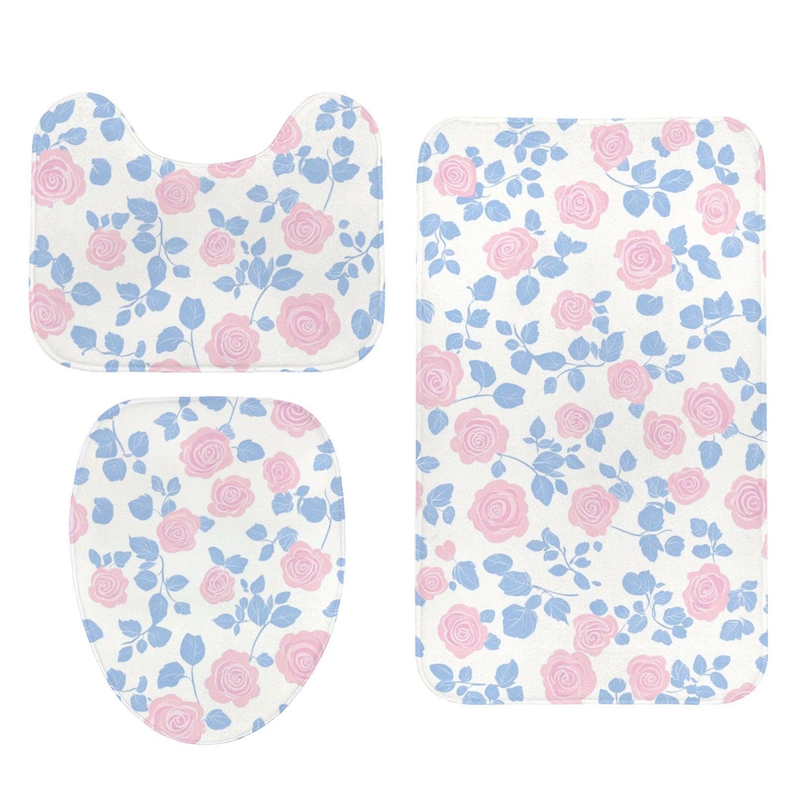 Pink Rose Floral Shower Curtain, Blue Leaves Cottage Bath Decor