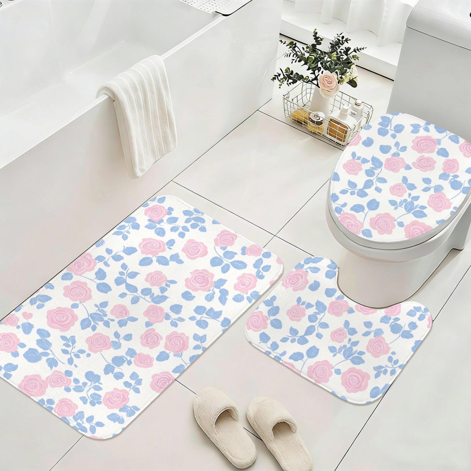 Pink Rose Floral Shower Curtain, Blue Leaves Cottage Bath Decor