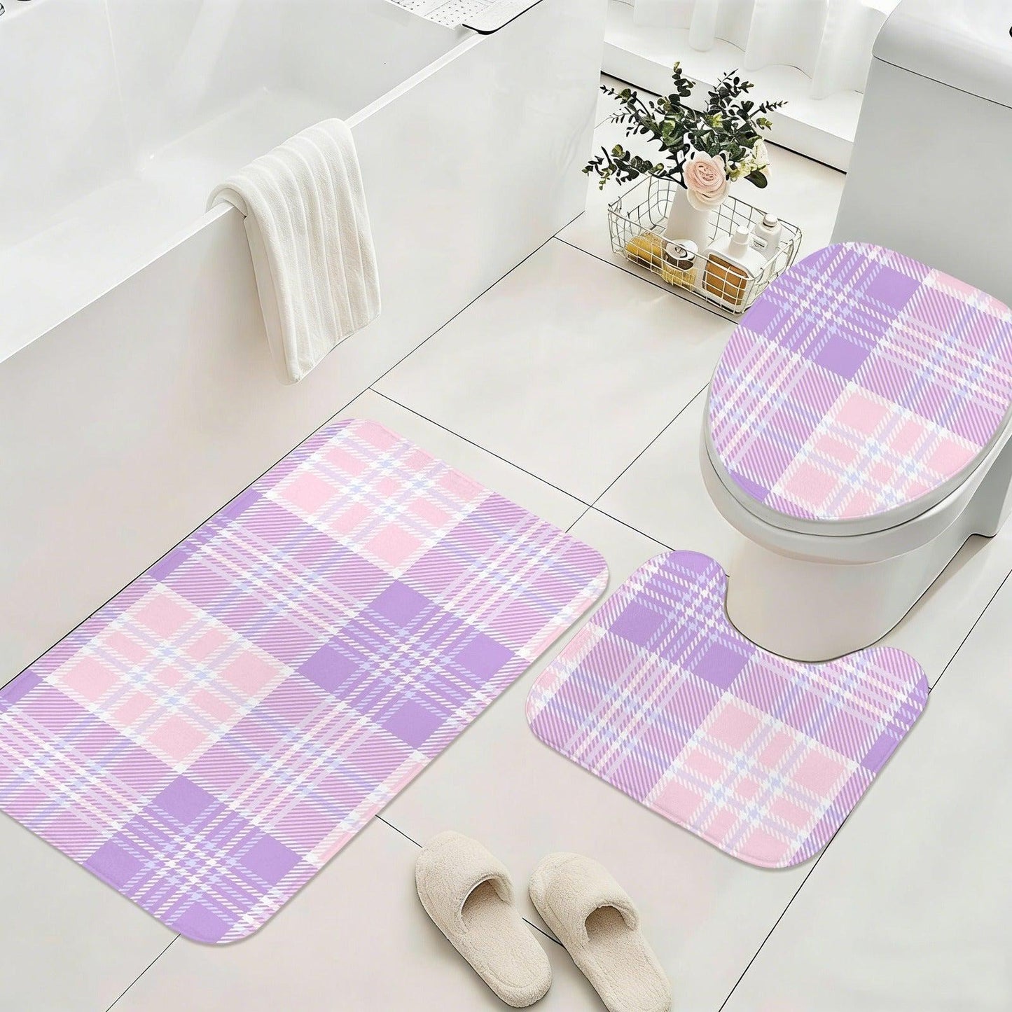 Pink Lavender Plaid Shower Curtain, Pastel Tartan Bathroom Decor, Preppy Coquette Bath Curtain