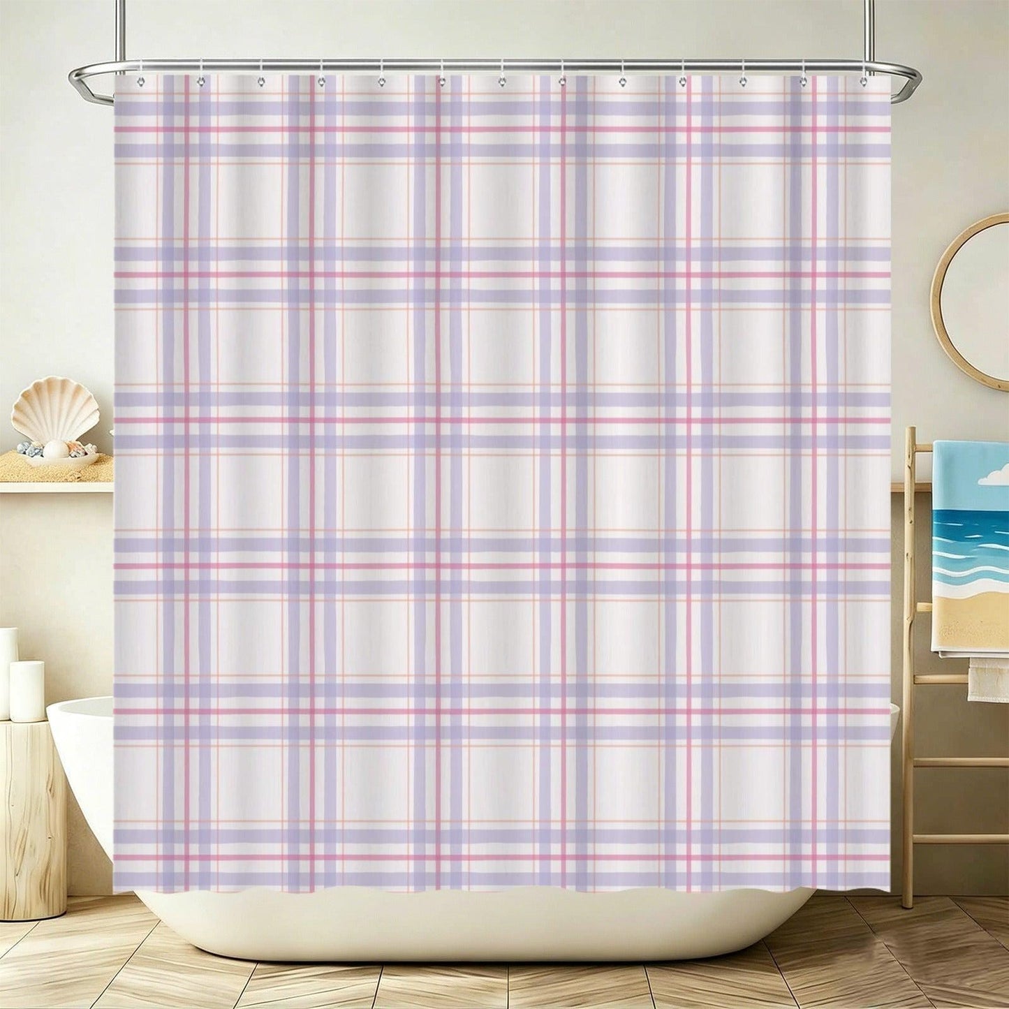 Plaid Bathroom Rug Set, Lavender Pink Bath Mat Trio, Preppy Cottage Toilet Contour Rug