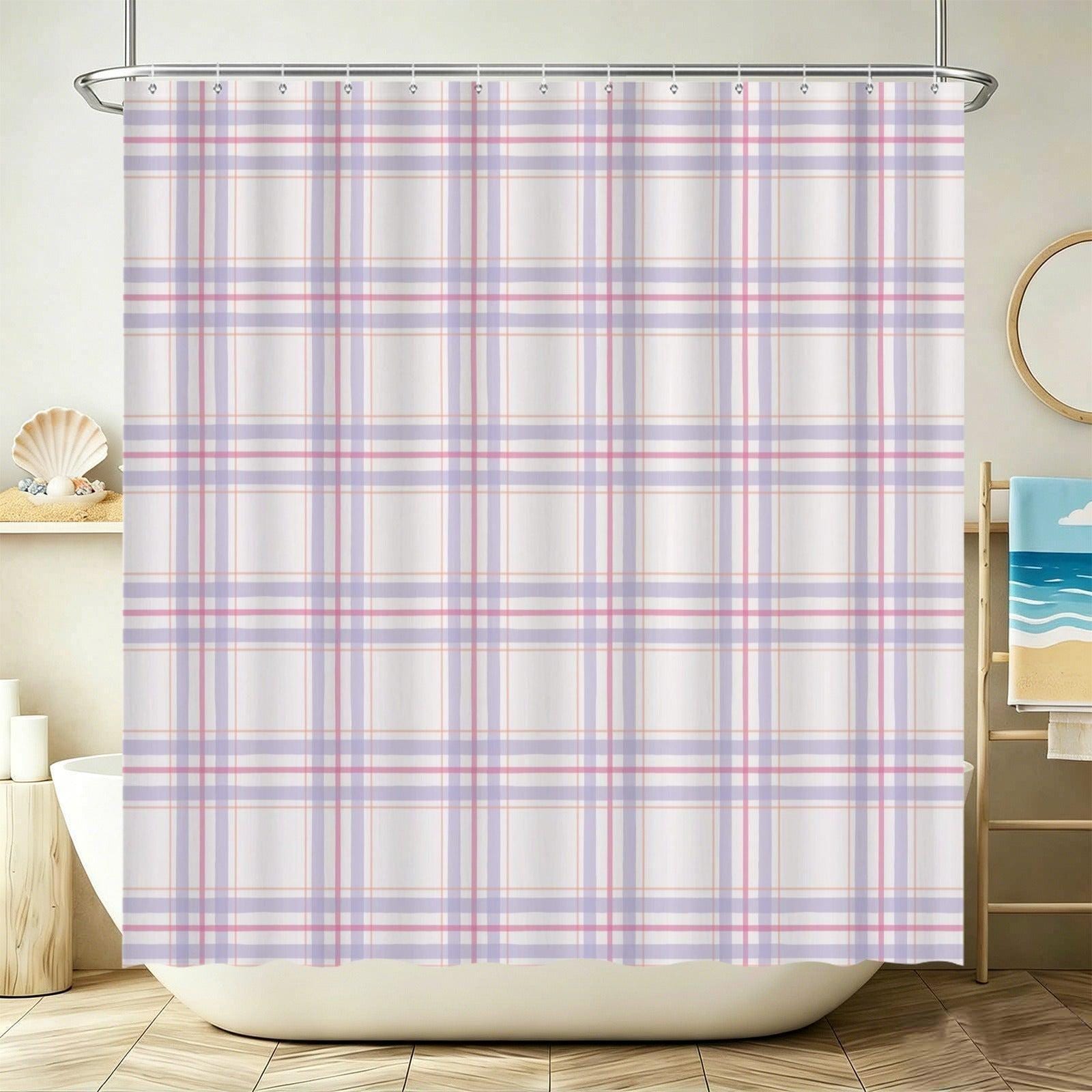 Plaid Bathroom Rug Set, Lavender Pink Bath Mat Trio, Preppy Cottage Toilet Contour Rug