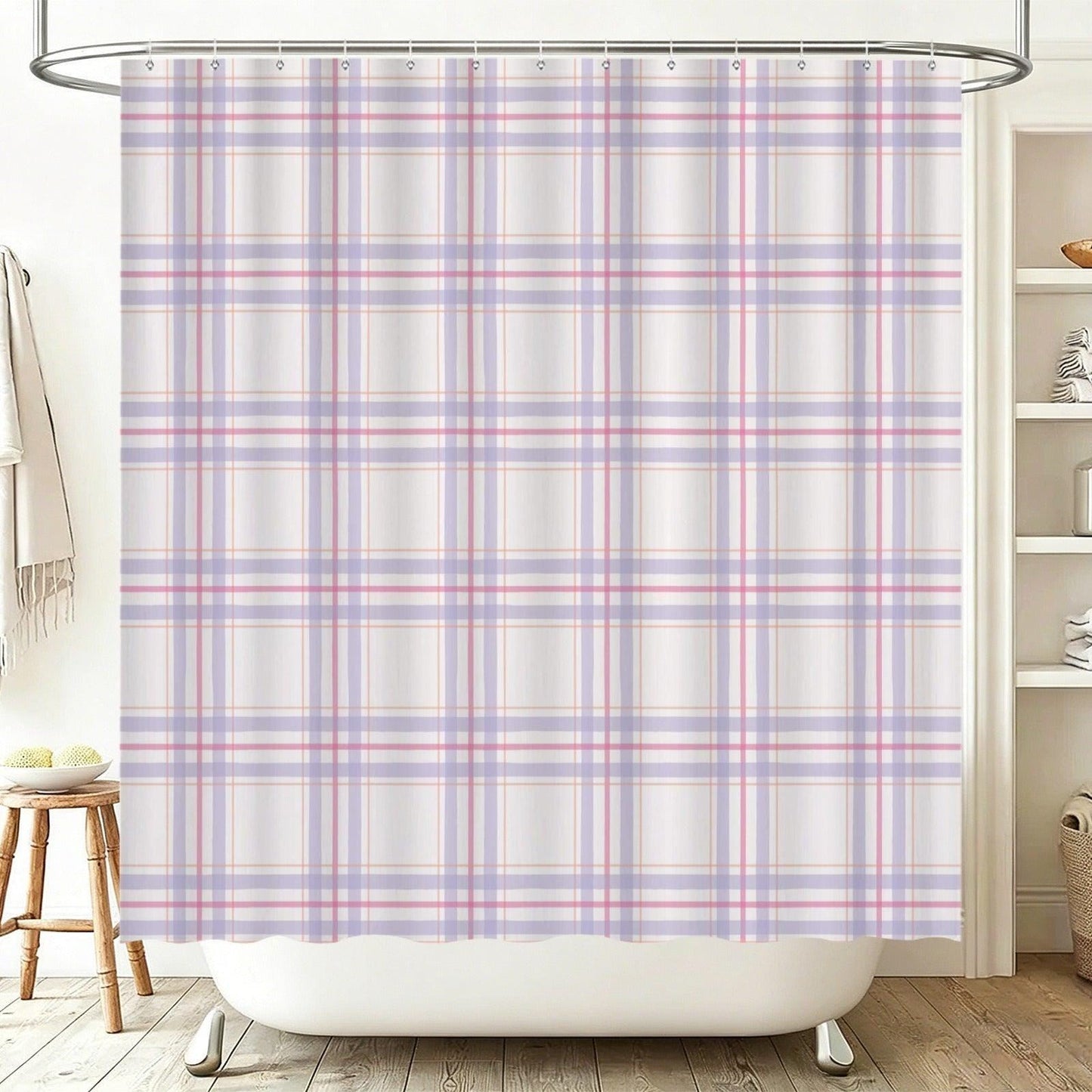 Plaid Bathroom Rug Set, Lavender Pink Bath Mat Trio, Preppy Cottage Toilet Contour Rug