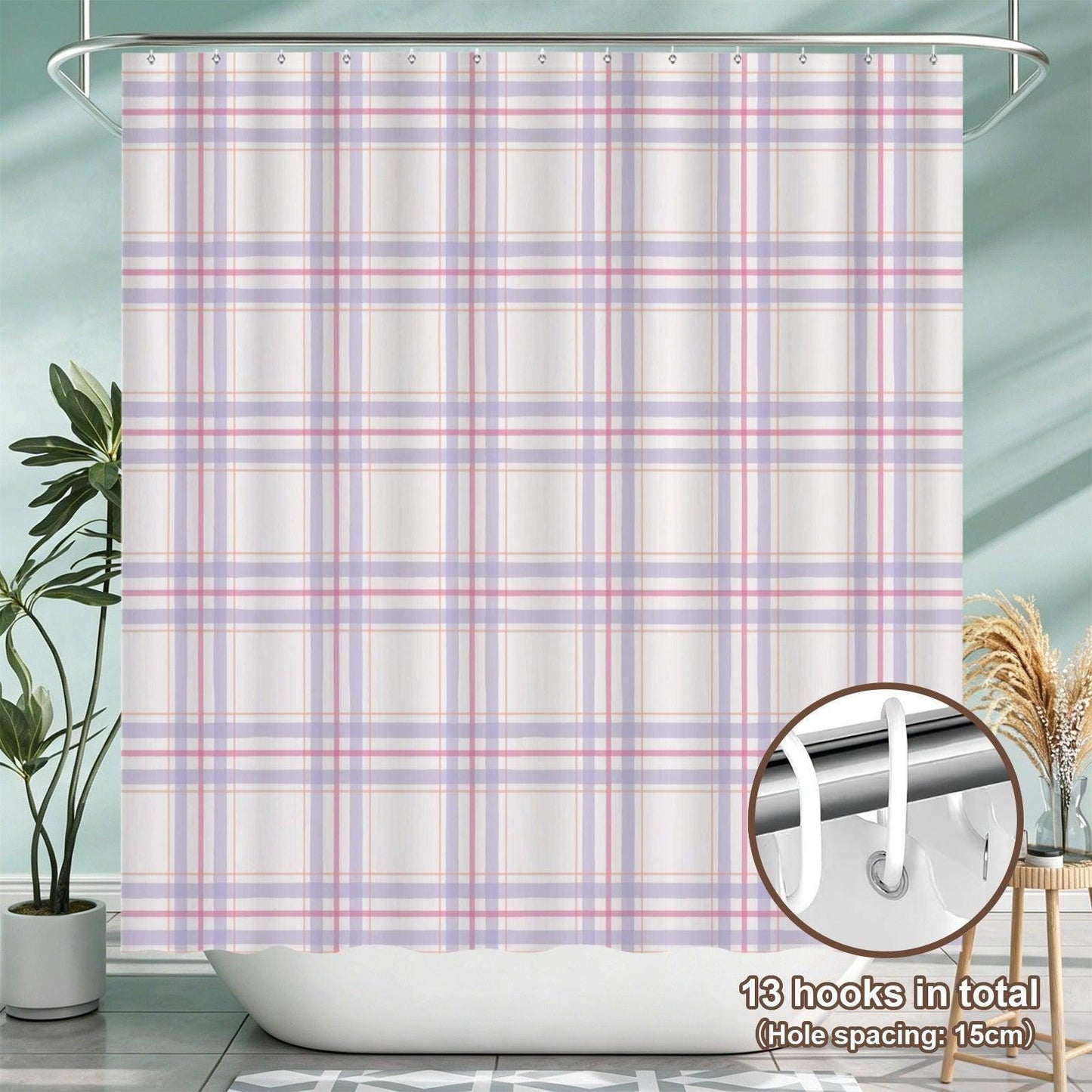 Plaid Bathroom Rug Set, Lavender Pink Bath Mat Trio, Preppy Cottage Toilet Contour Rug