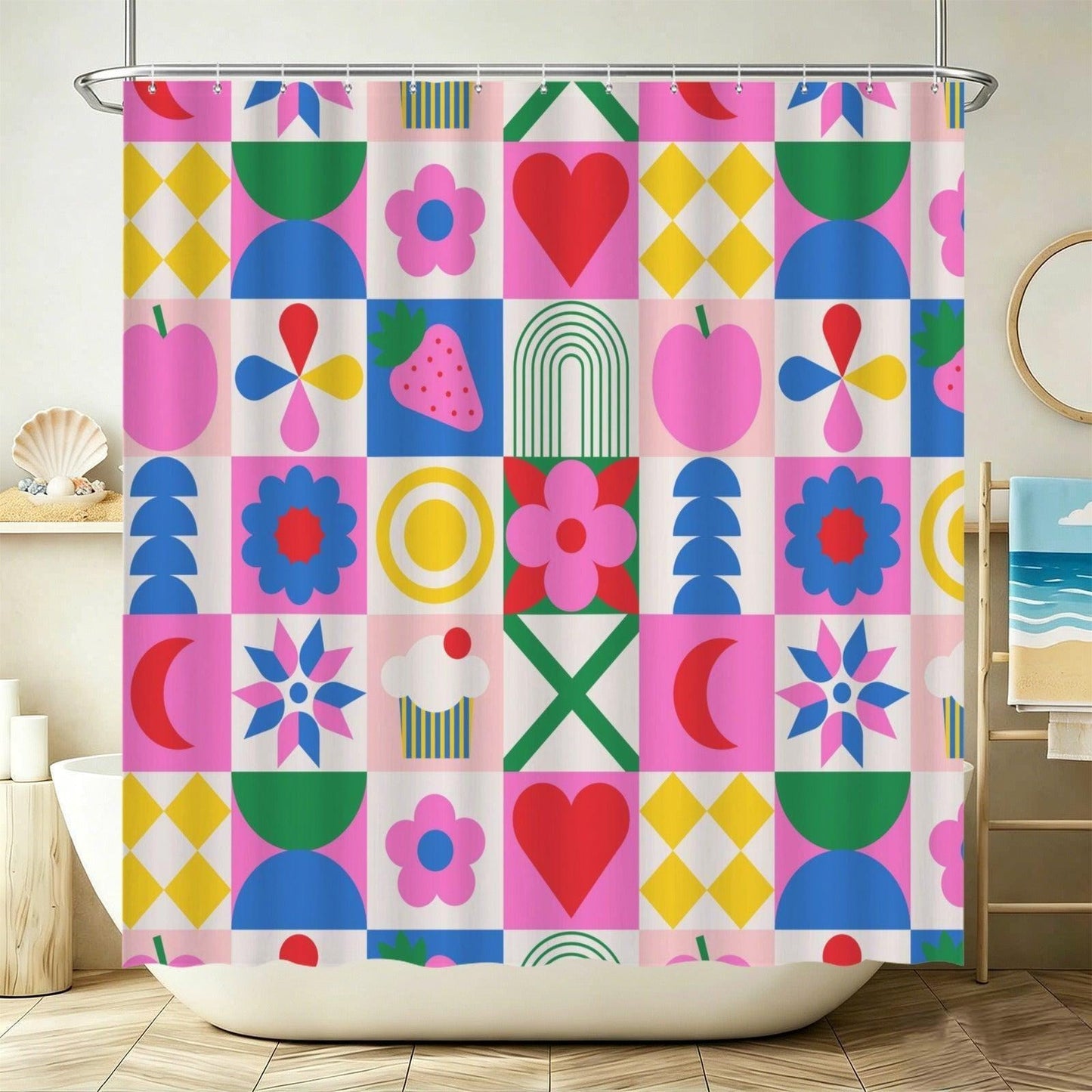 Retro Mod Fruit Bathroom Rug Set, Colorful Geometric 3-Piece Bath Mat