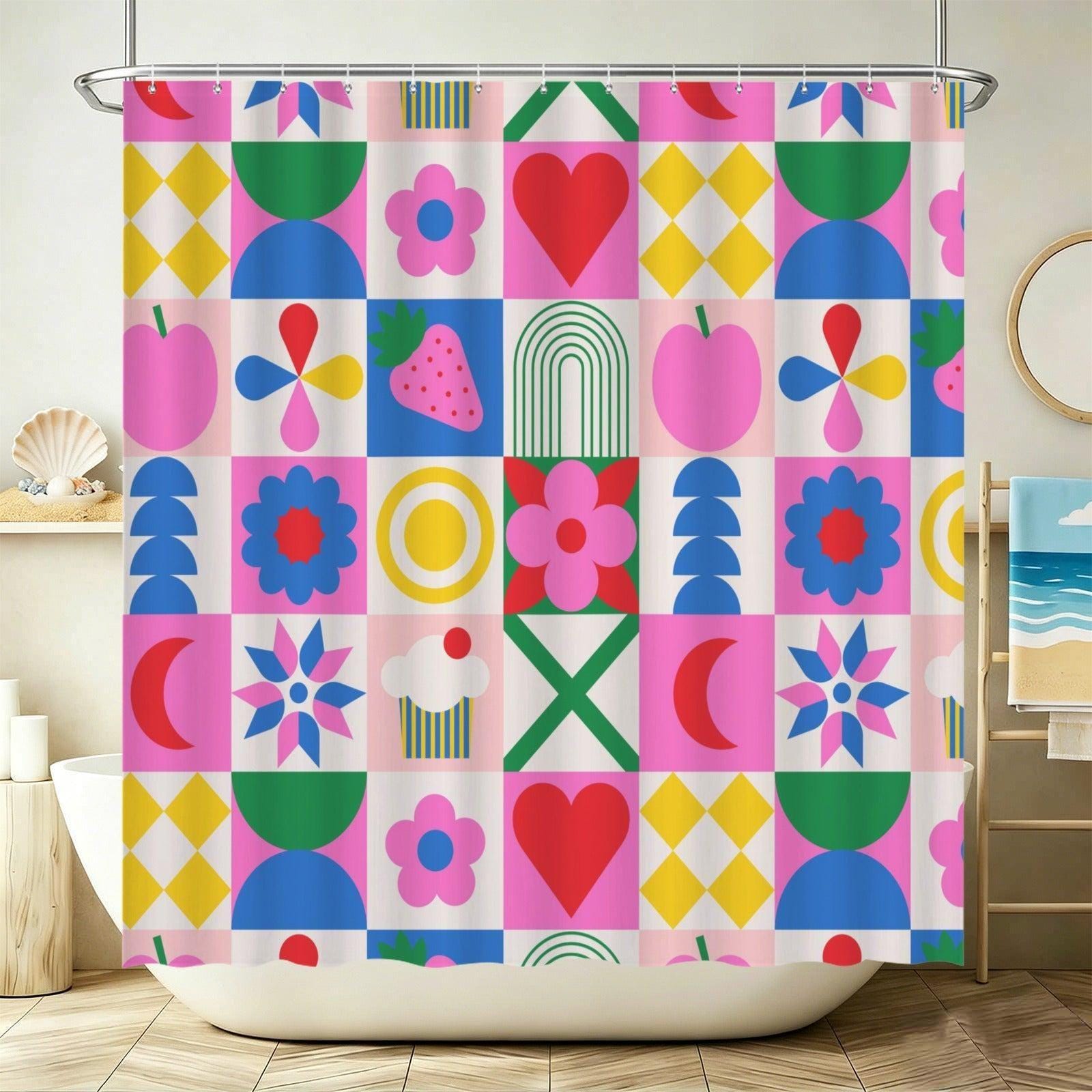 Retro Mod Fruit Bathroom Rug Set, Colorful Geometric 3-Piece Bath Mat