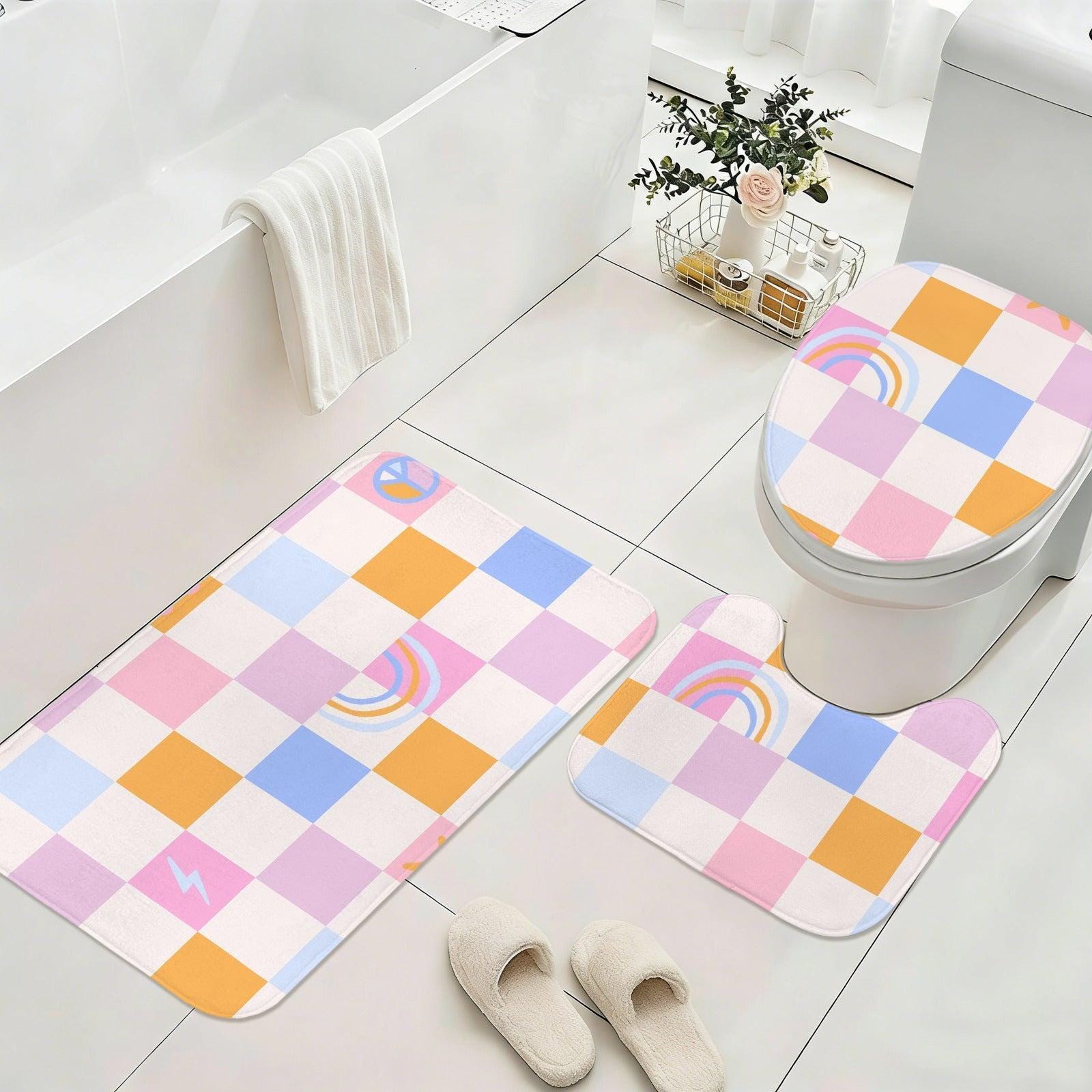 Checkered Shower Curtain, Pastel Rainbow Peace Sign, Retro Y2K Bathroom Decor